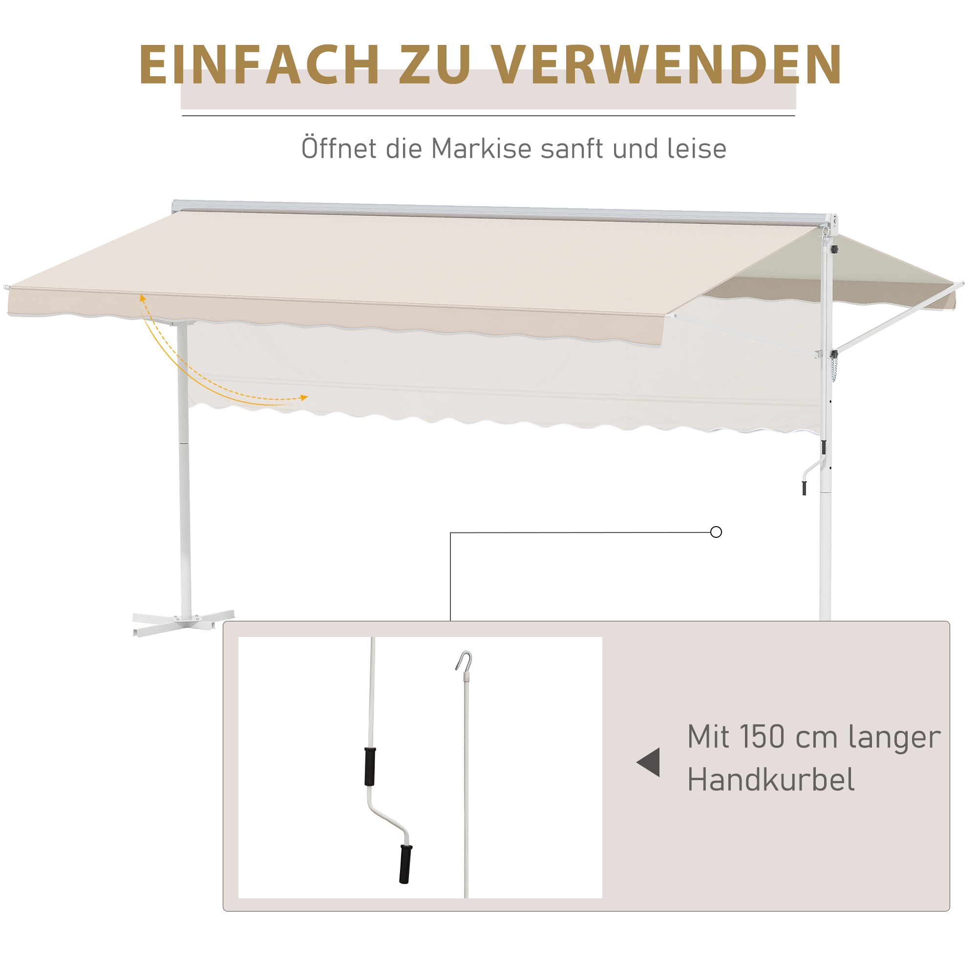 Outsunny Staande luifel met knikarm tuinluifel luifel zwengel crème 4,5 x 3,42 m