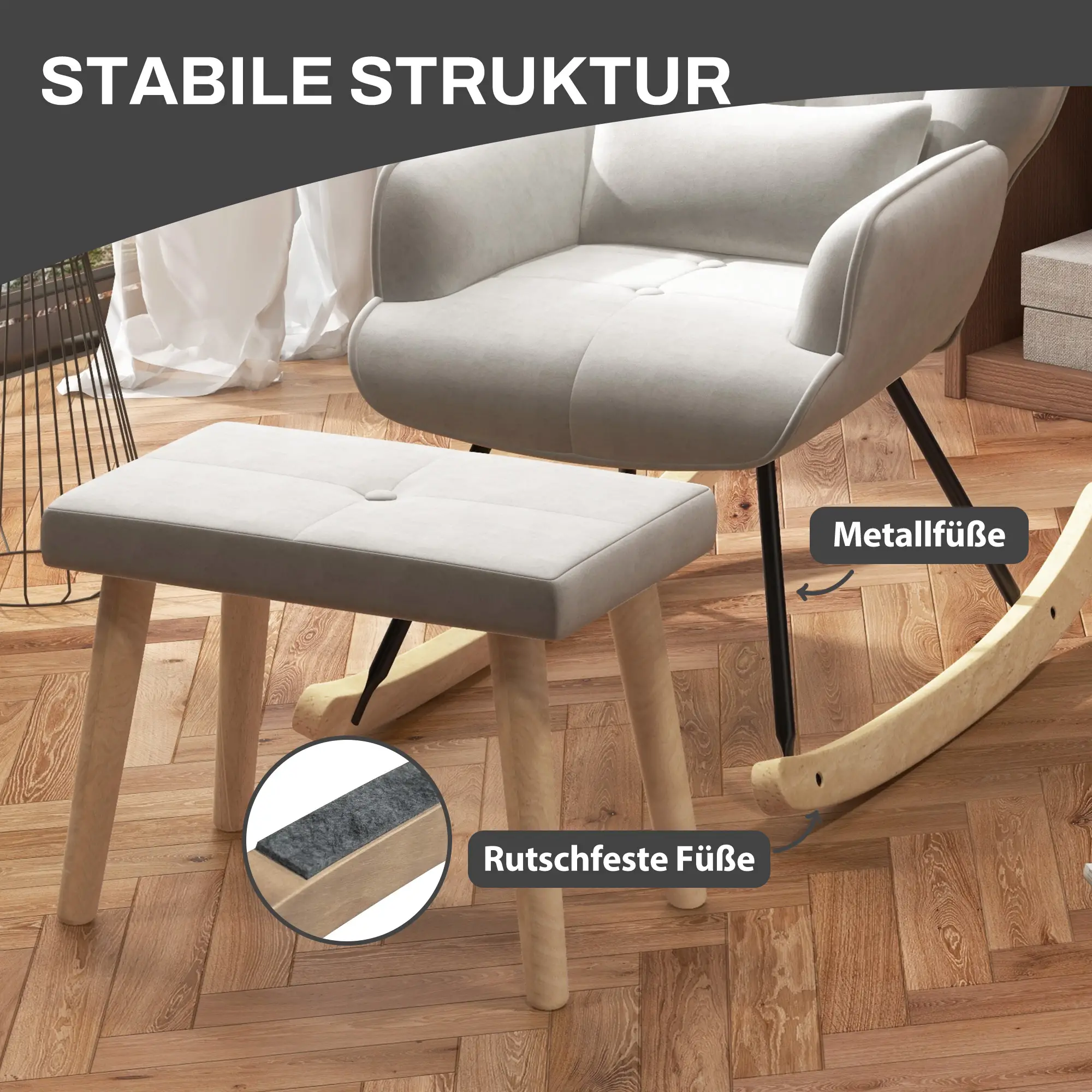 HOMCOM Relaxsessel mit Hocker Schaukelstuhl Set Samt Cremeweiß
