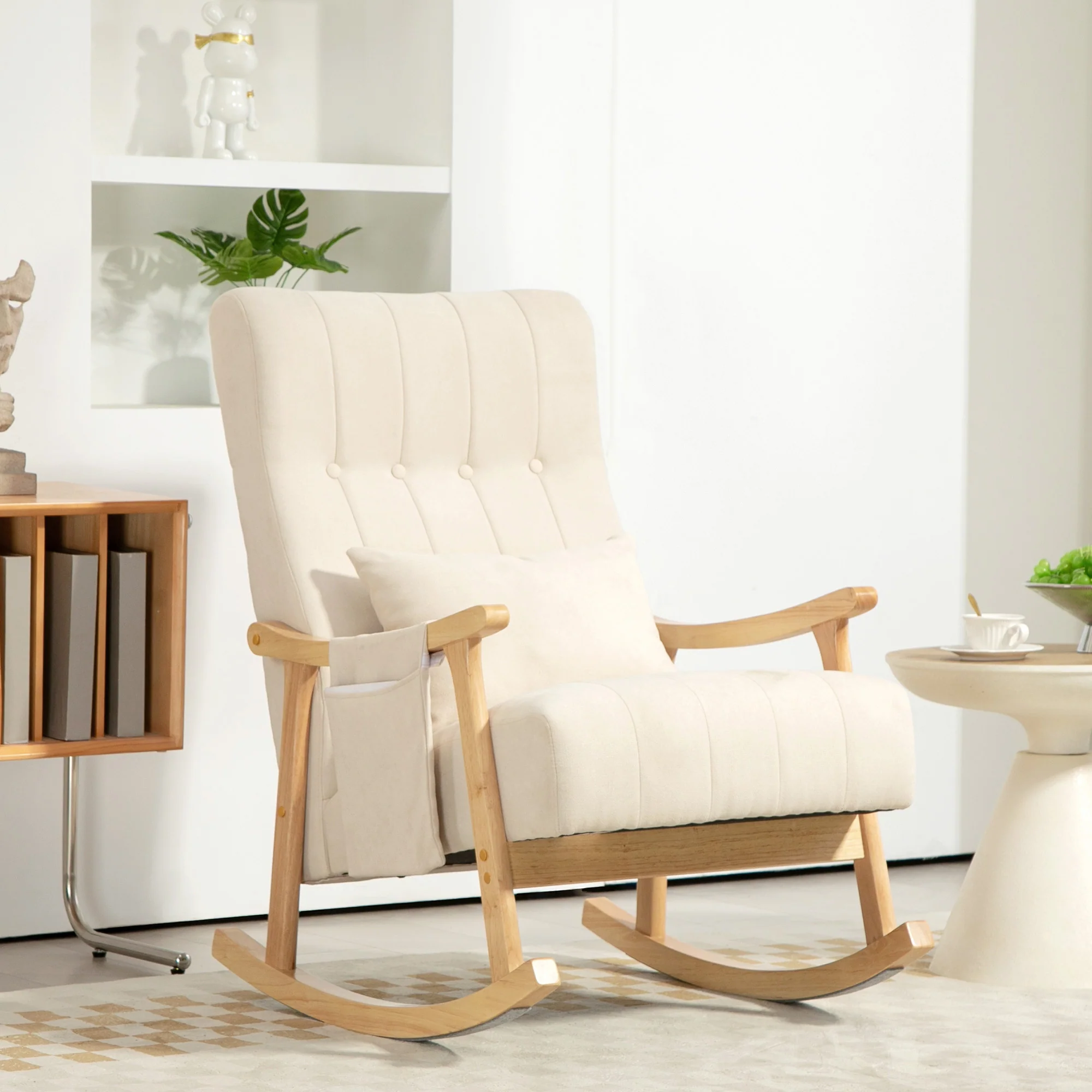 HOMCOM Schaukelstuhl mit Lendenkissen und Seitentasche Beige