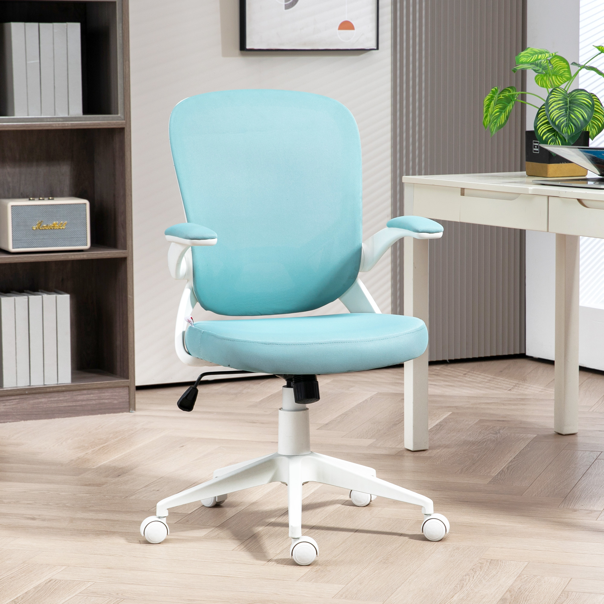 HOMCOM Bürostuhl Höhenverstellbar 360° drehbar, Hochklappbare Armlehnen, Mesh-Rückenlehne und Sitz blau