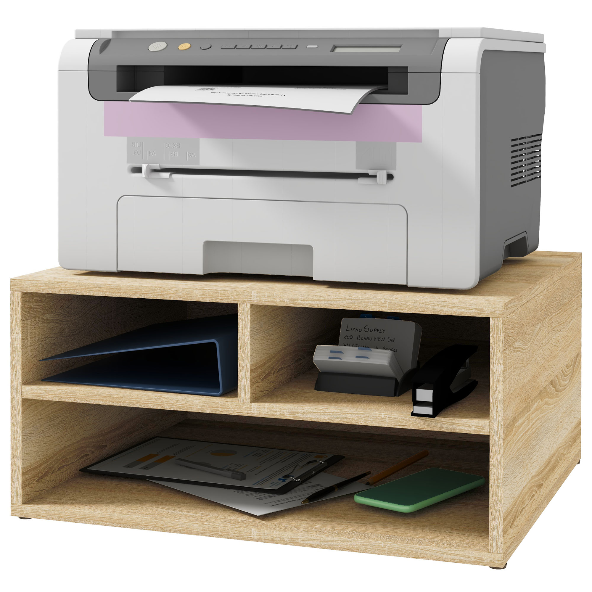 HOMCOM Büroorganisator in Holzoptik mit 3 Fächern für Drucker Zubehörständer Abmessungen 47L x 40B x 22,5H cm