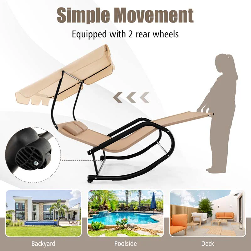 Eletriclife Outdoor 2 Persons Rocking Chaise Lounge with Canopy and Wheels