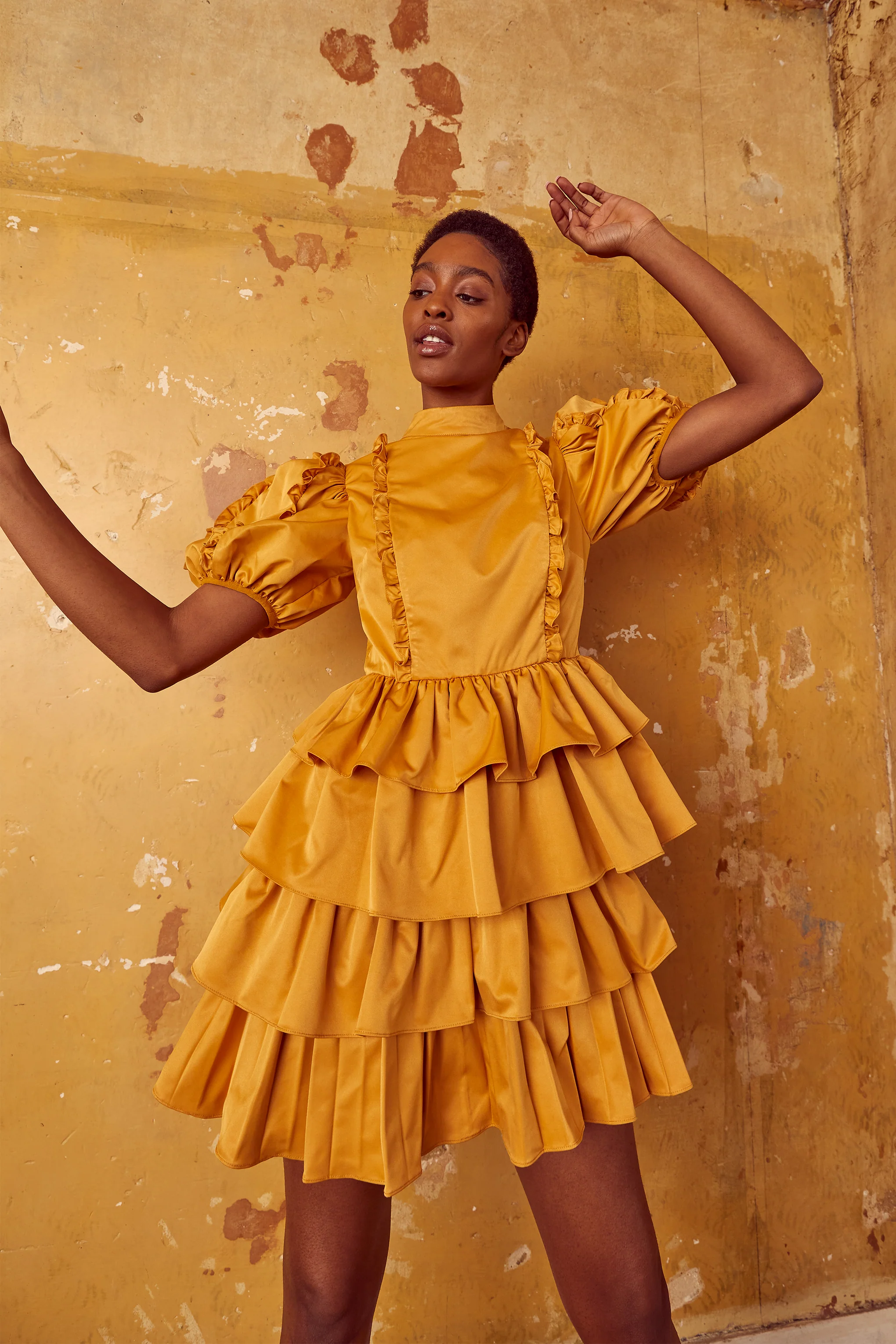 Lucy Mustard High-Neck Statement Sleeve Mini-Dress
