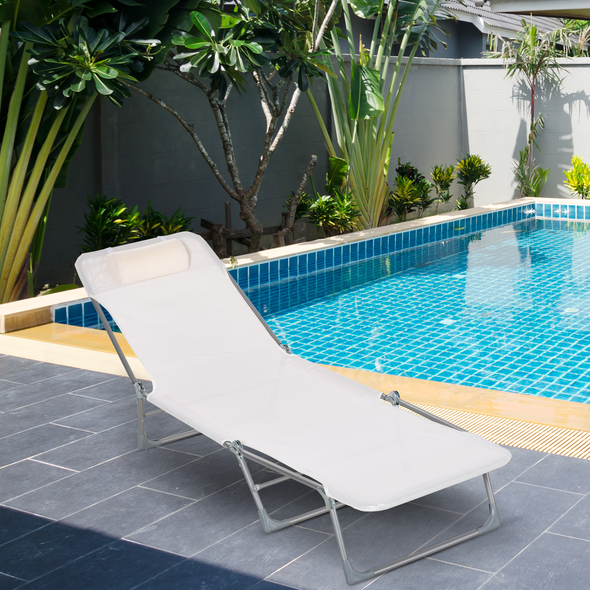 Outsunny Sonnenliege Gartenliege verstellbar klappbar mit Kissen und 5-fach verstellbarer Rückenlehne creme