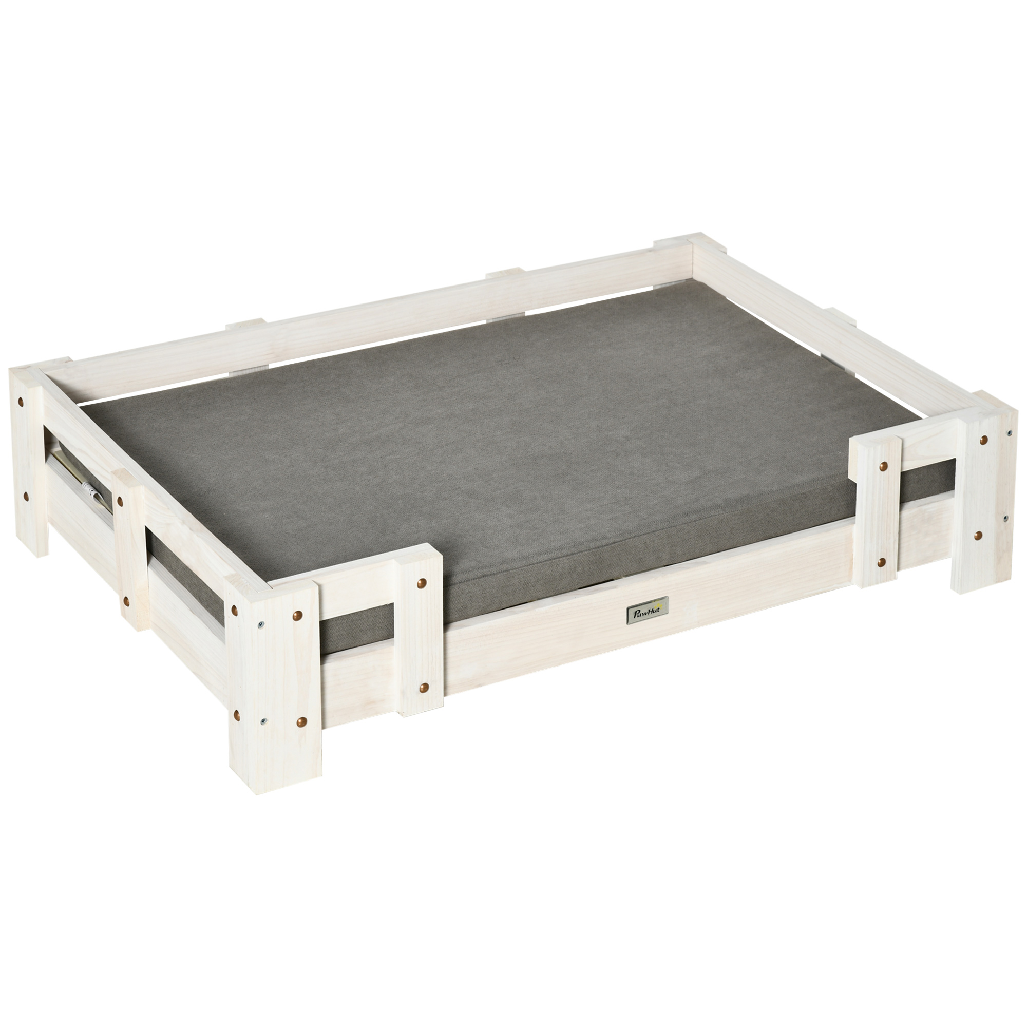 PawHut Hundesofa Erhöhtes Haustiersofa mit Kissen Katzensofa Hundecouch Hundebett Haustierbett Hundeschlafplatz für mittelgroße Hunde waschbarer Bezug Weiß+Grau 90 x 60 x 20 cm