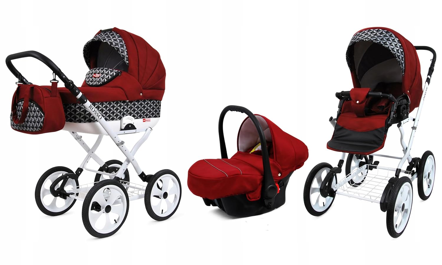 BabyLux® Bambimo Kinderwagen Set 2 in 1 - Rosso - incl. Babywanne, Buggy Sportsitz - Kinderwagenset - Kombikinderwagen mit Wickeltasche, Regenschutz, Moskitonetz, Cupholder usw.