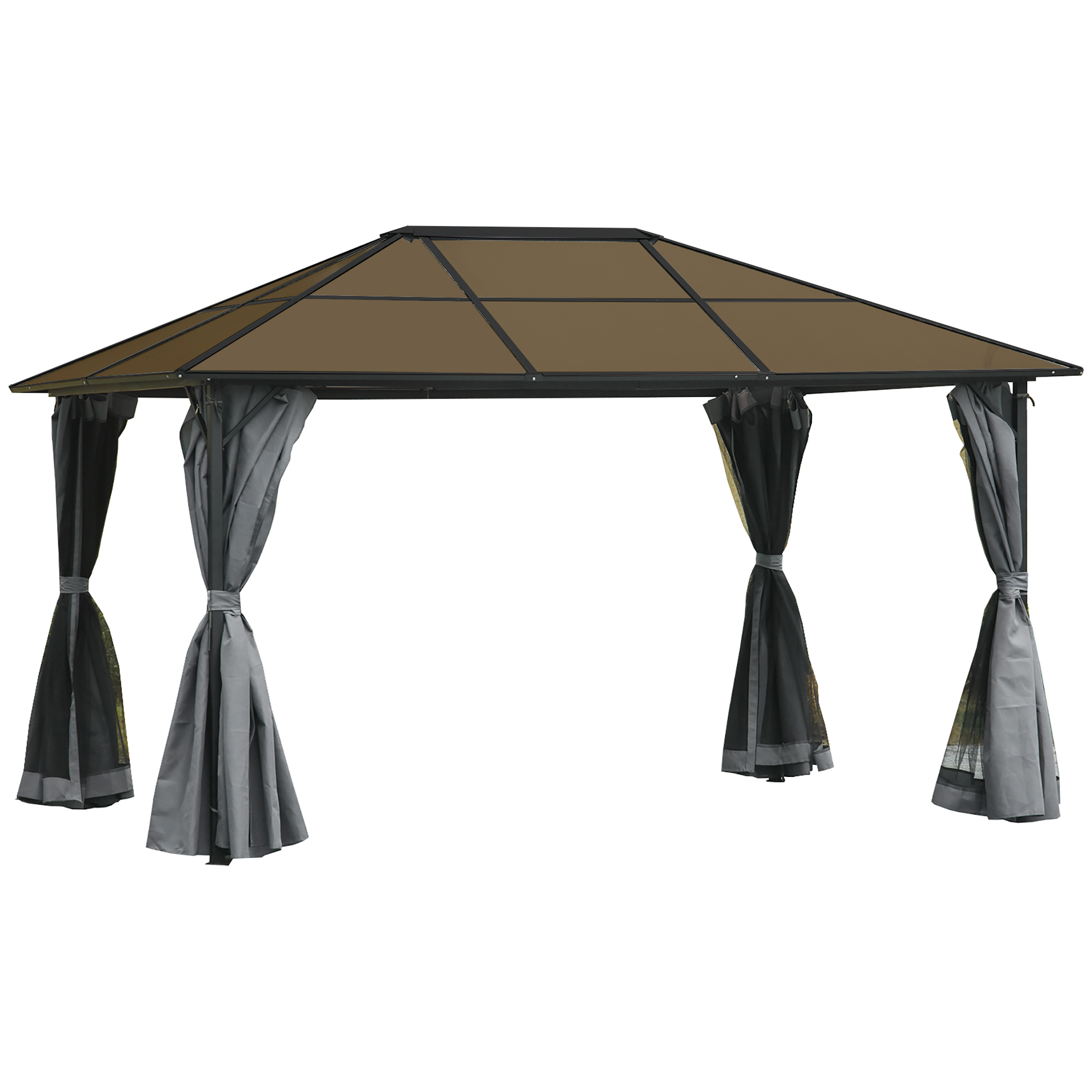 Outsunny Pavillon mit Polycarbonatdach, Vorhänge mit Fliegennetz, Alugestell, dunkelgrau, 3 x 4 x 2,6 m
