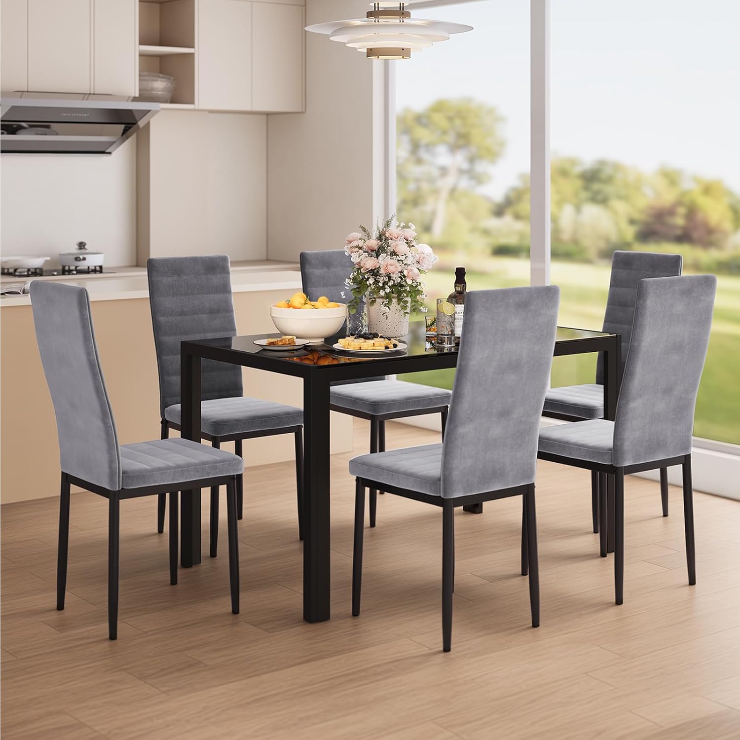 Bealife Set di 6 Sedie da Pranzo con Schienale Alto Imbottite Moderne per Cucina e Sala da Pranzo, Grigio Scuro Flanella
