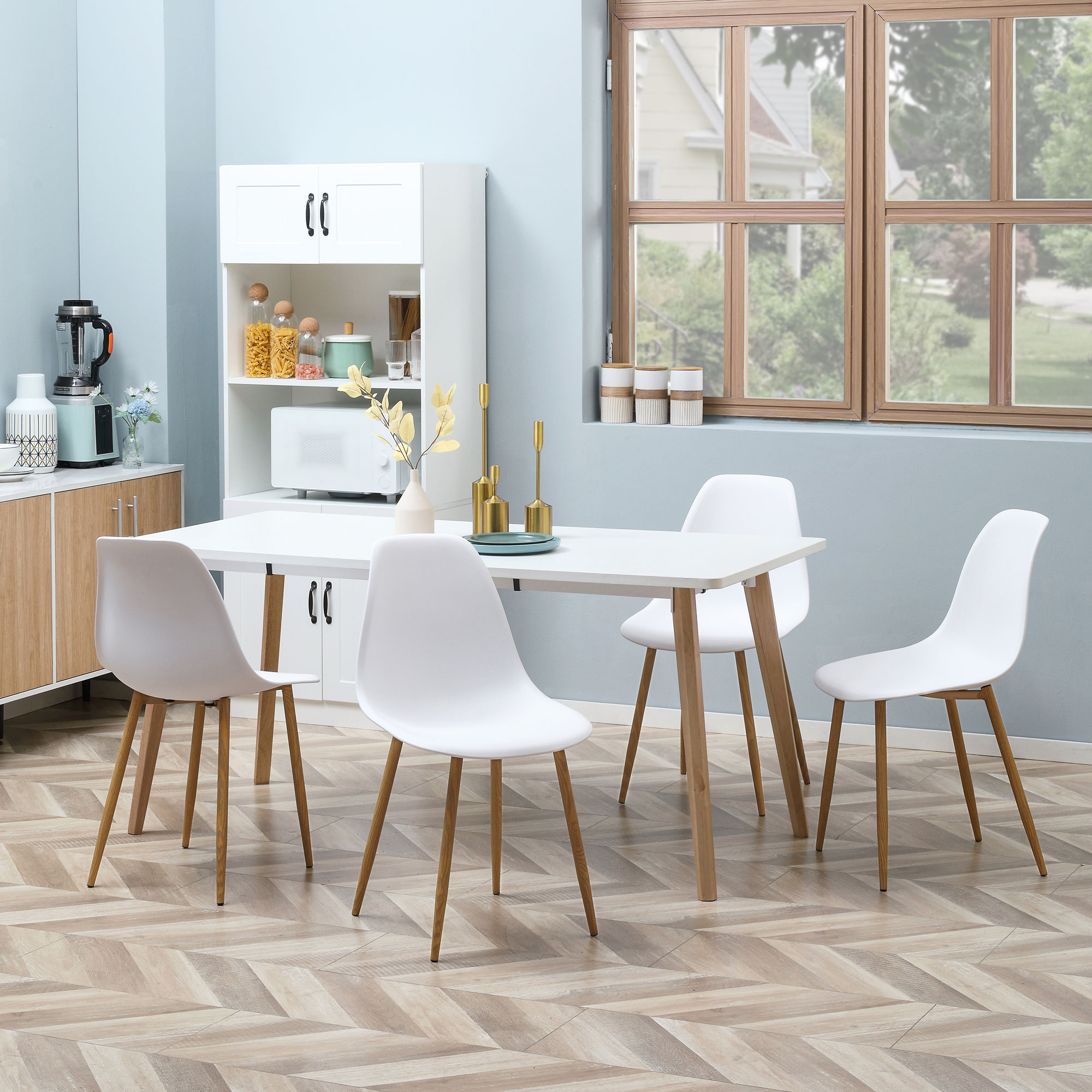 HOMCOM Esszimmerstuhl 4er-Set, Metallbeine in Holzoptik, rutschfeste Füße, bis 120 kg, Weiß/Holzdekor