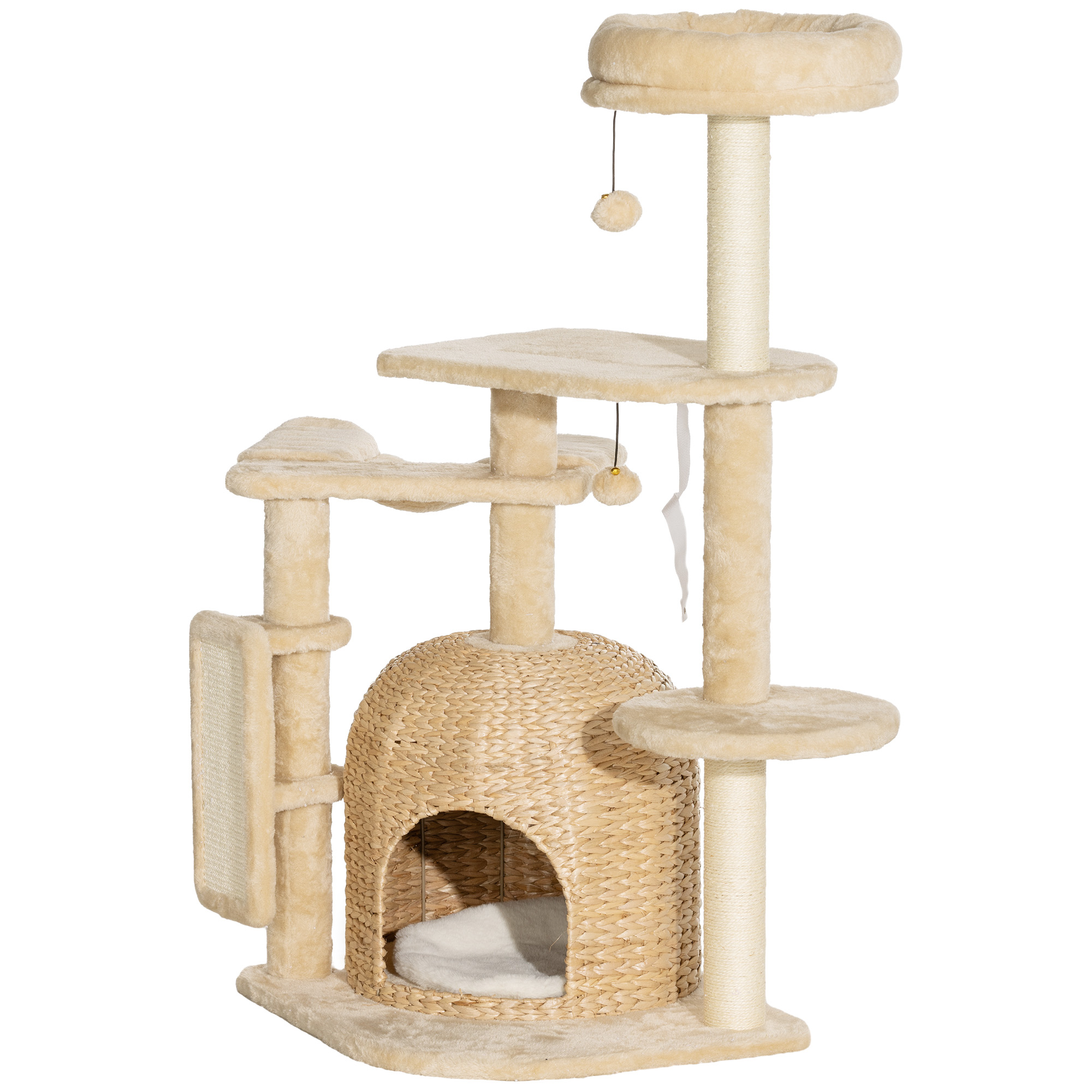 PawHut Kratzbaum mit Hängematte, Spielbällen, Plüsch, 56 x 48 x 112 cm, Beige/Cremeweiß