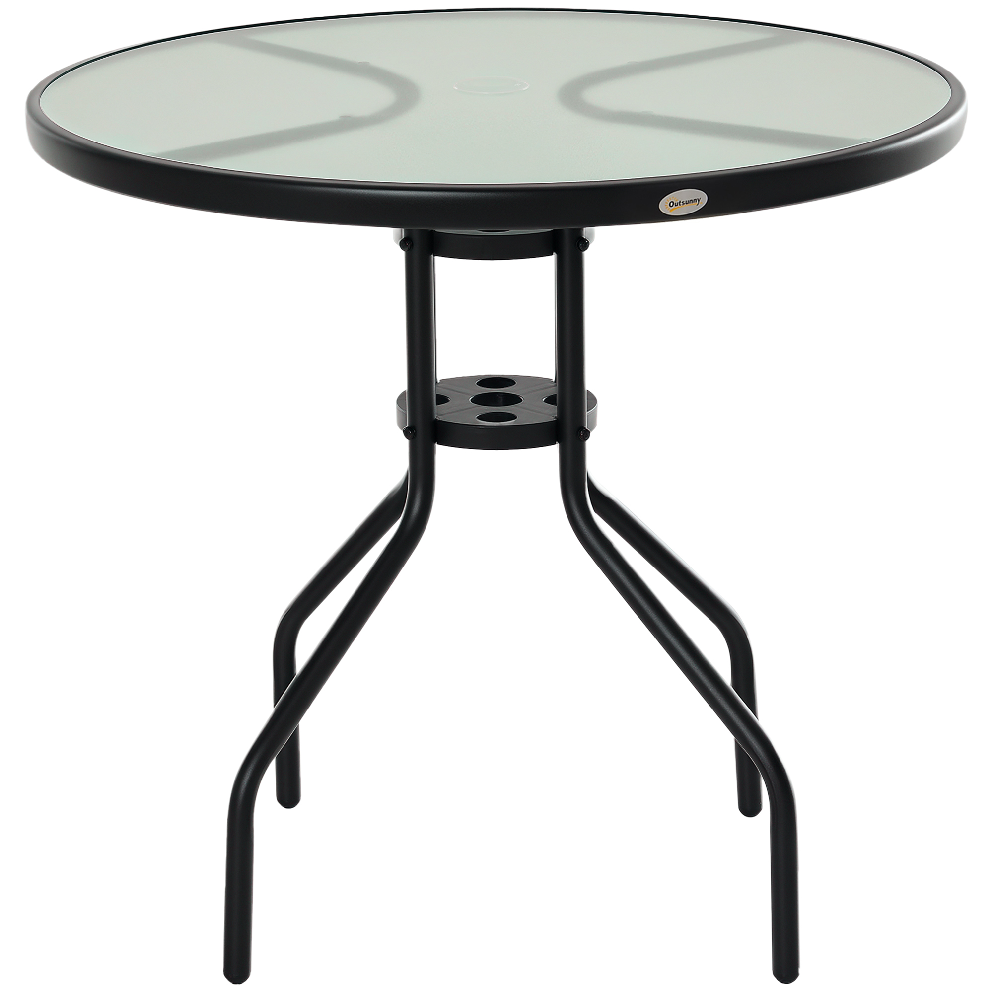 Outsunny Gartentisch Balkontisch Garten Beistelltisch Bistrotisch Gartenmöbel mit Schirmloch Hartglas + Metall Schwarz Ø80 x 72 cm
