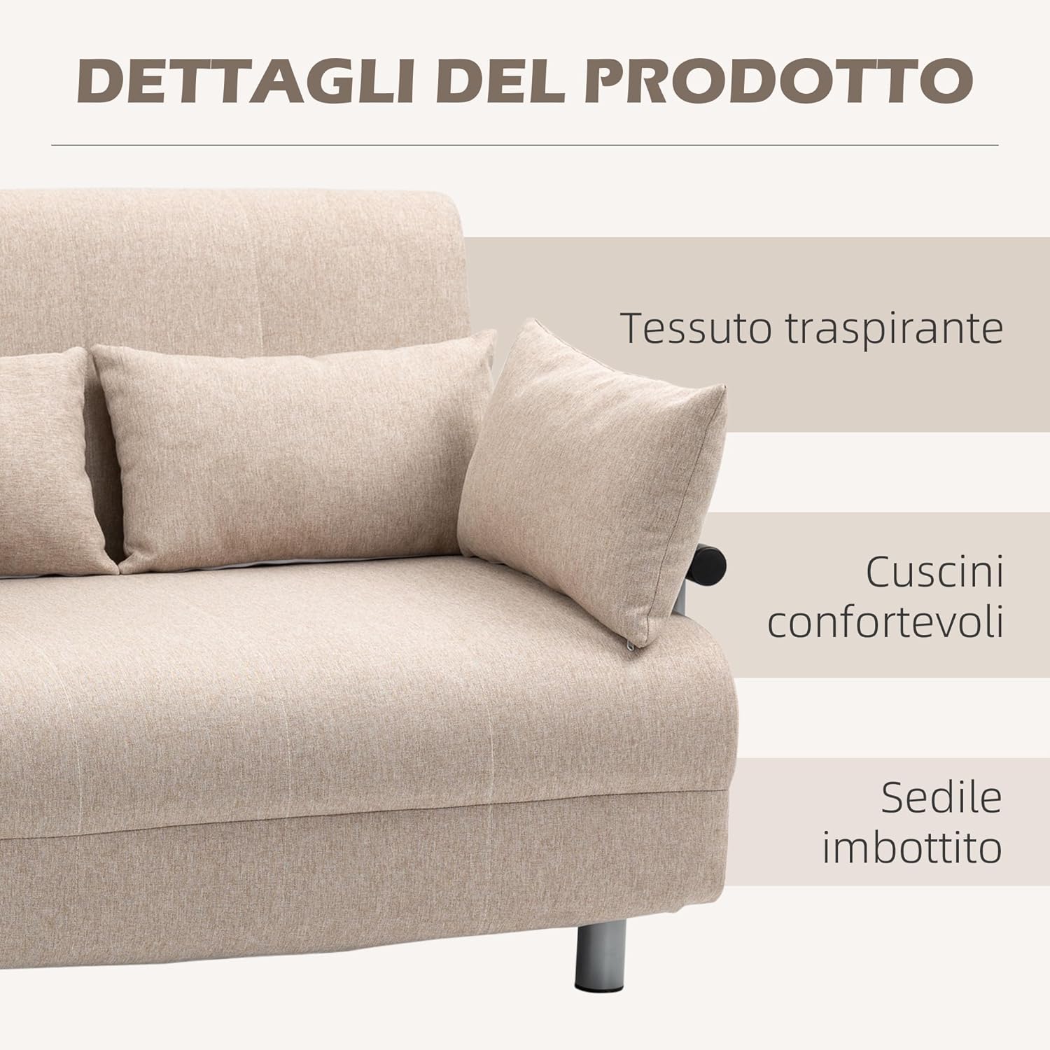 HOMCOM Divano Letto 2 Posti 3 in 1 Convertibile in Poltrona Reclinabile con Schienale Regolabile e 4 Cuscini Imbottiti, 102x82x81 cm, Beige