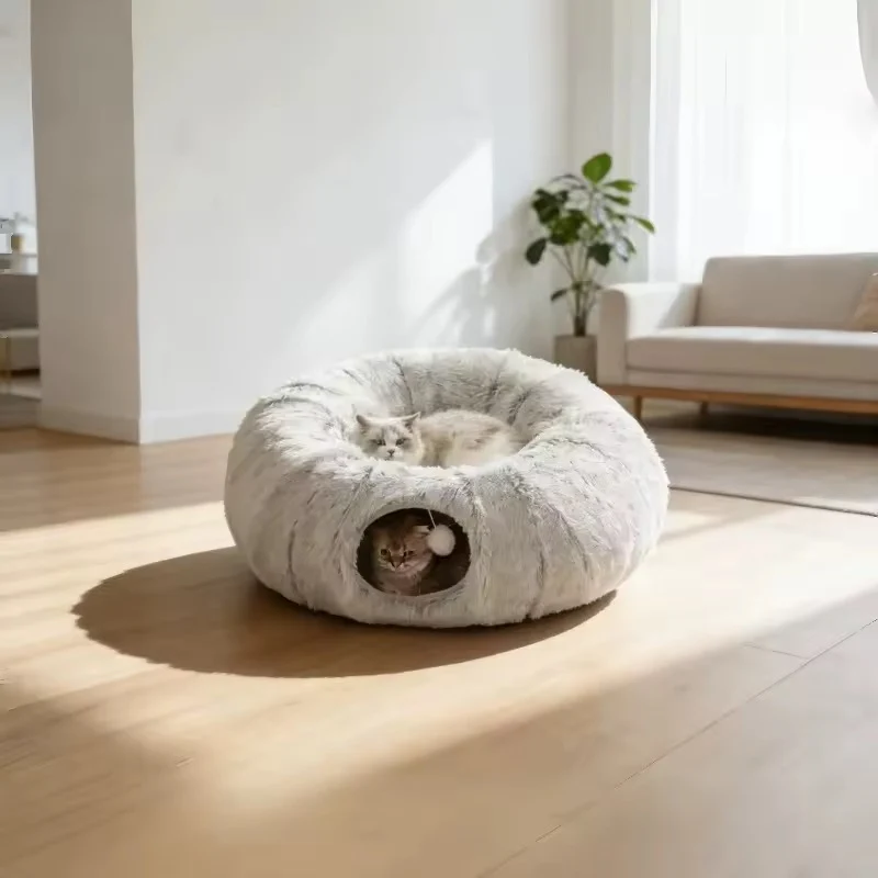 Plush Cat Tunnel Bed �C Dual Purpose with Peephole & Machine Washable Cushion