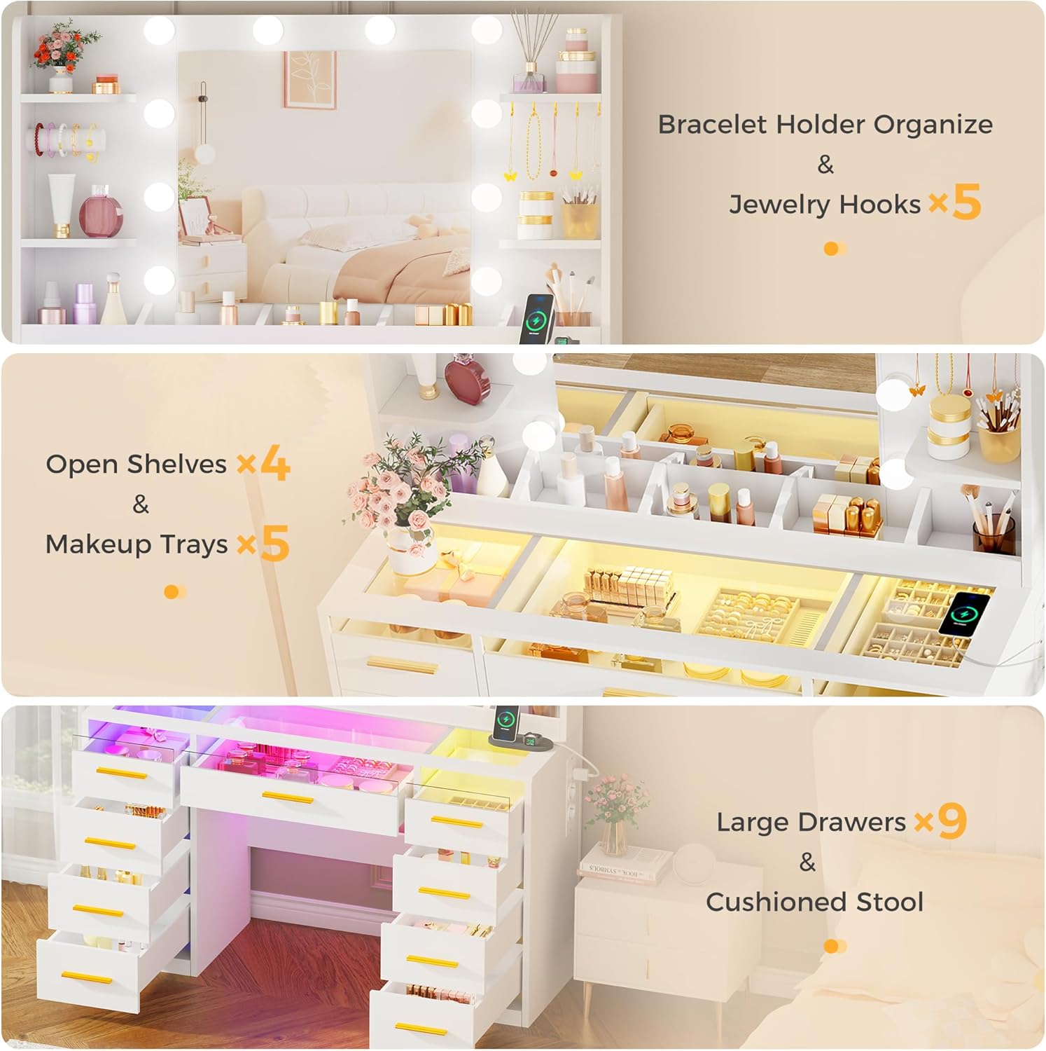 ANWBROAD BDT95W Large Makeup Vanity with Mirror and Adjustable Brightness Lights, Makeup Table with Glass Top, Makeup Desk with Sockets 9 RGB Drawers and 9 Open Shelves Modern White