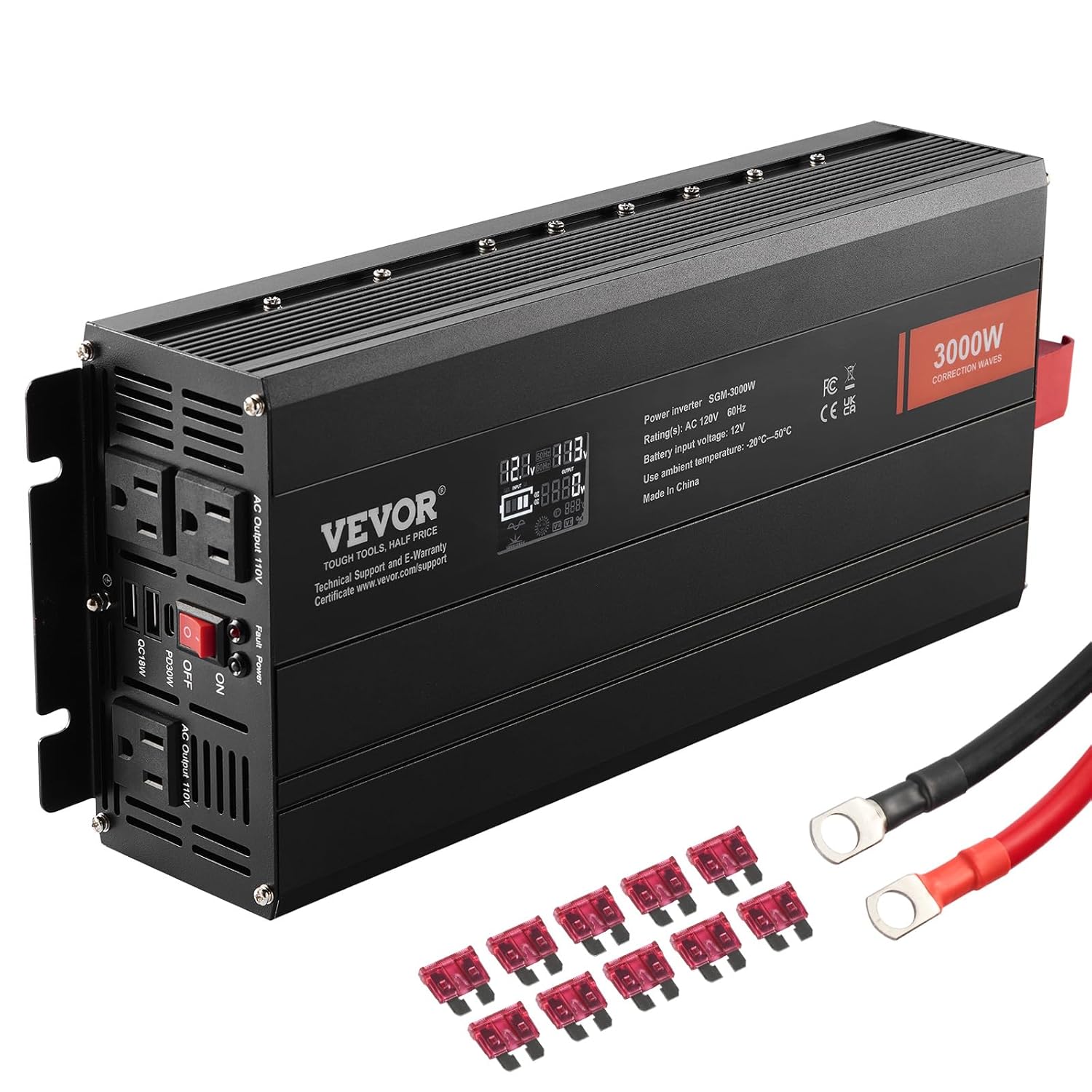 VEVOR Convertitore Onda Sinusoidale 3000W DC 12V AC 230V Display LCD Convertitore di Potenza con 3 Prese AC 2 Porte USB 1 Porta Type-C 10 Fusibili di Ricambio per Grandi Elettrodomestici