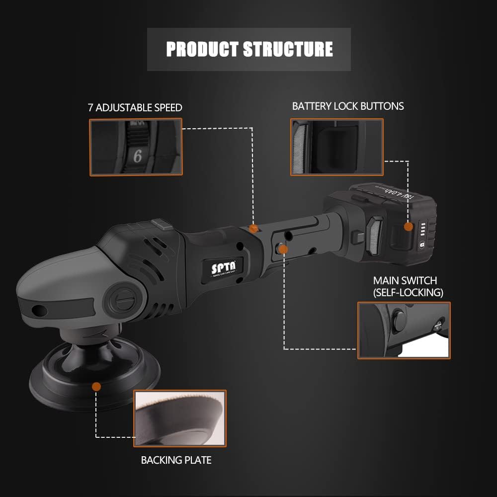 SPTA 18V Cordless Dual Action Polisher, 7 Speed 4800 RPM, Includes 2 Batteries & 6 Pads, for Cars & More