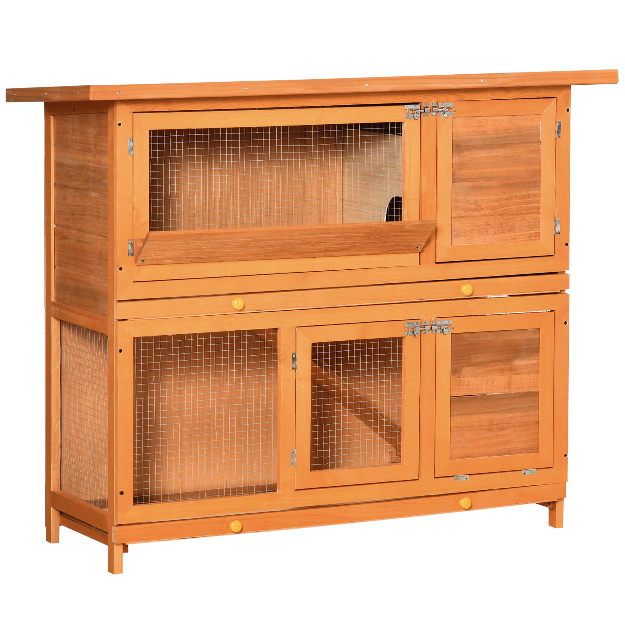 PawHut Kleintierstall Kleintierkäfig Kleintierhaus mit Asphaltdach Meerschweinchenstall Nagerkäfig Doppelstock Winterfest Tannenholz Gelb 120 x 48 x 100 cm