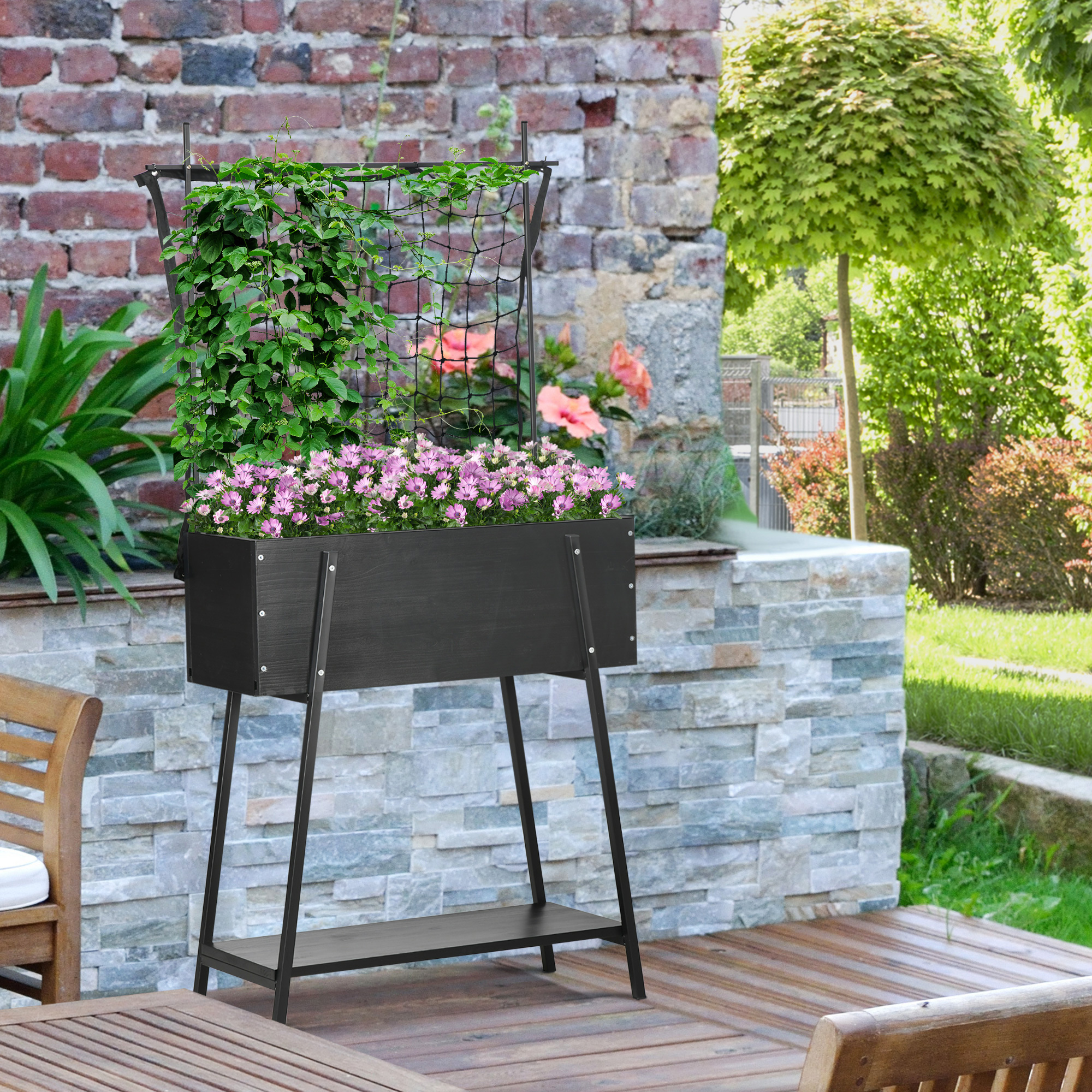 Outsunny Hochbeet mit Rankhilfe, inkl. 1 Ablage, Massivholz, 89 cm x 34 cm x 168 cm, Schwarz