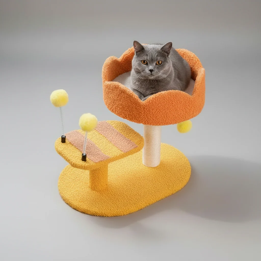 Cat Perch Station �C Flower Bowl Perch, Sisal Scratching Post & Spring Ball Toy
