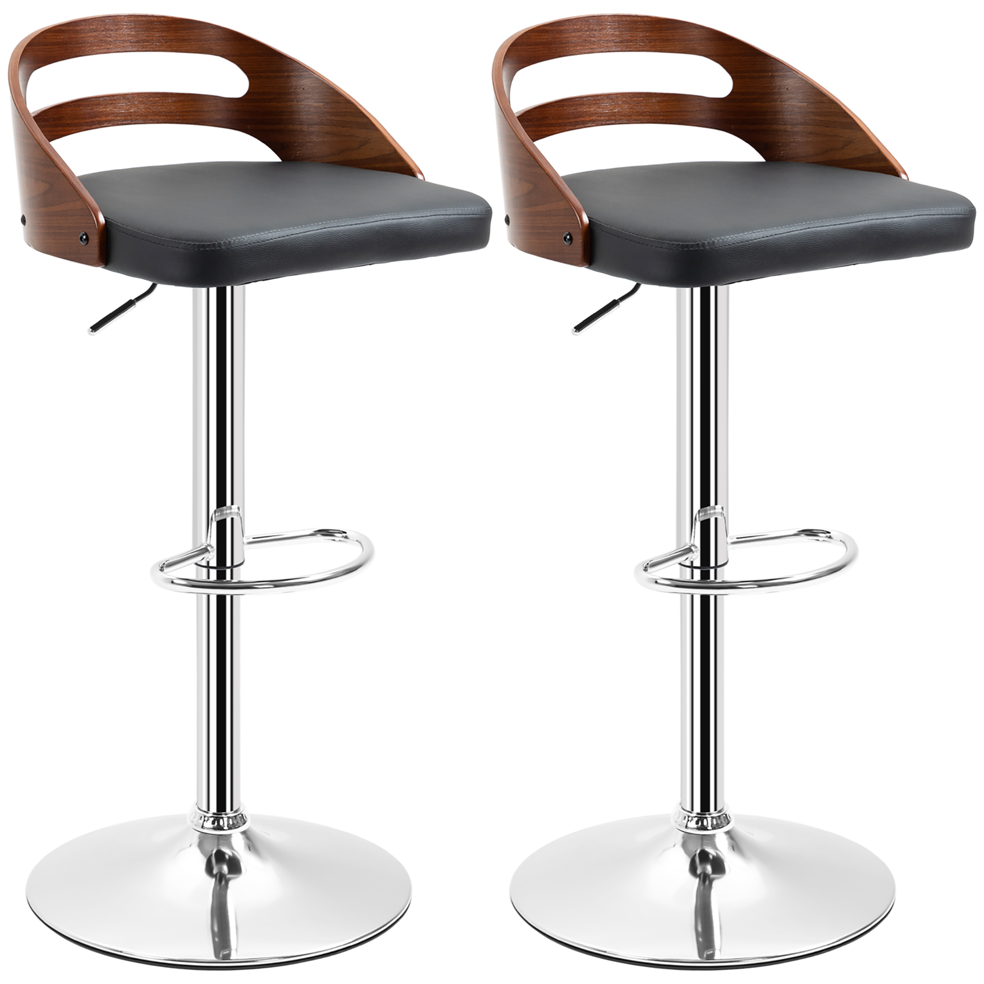 HOMCOM Set mit 2 zeitgenössischen Design-Barhockern Höhenverstellbar 360° drehbar synthetisches Leder Schwarz Rückenlehne mit Holzoptik