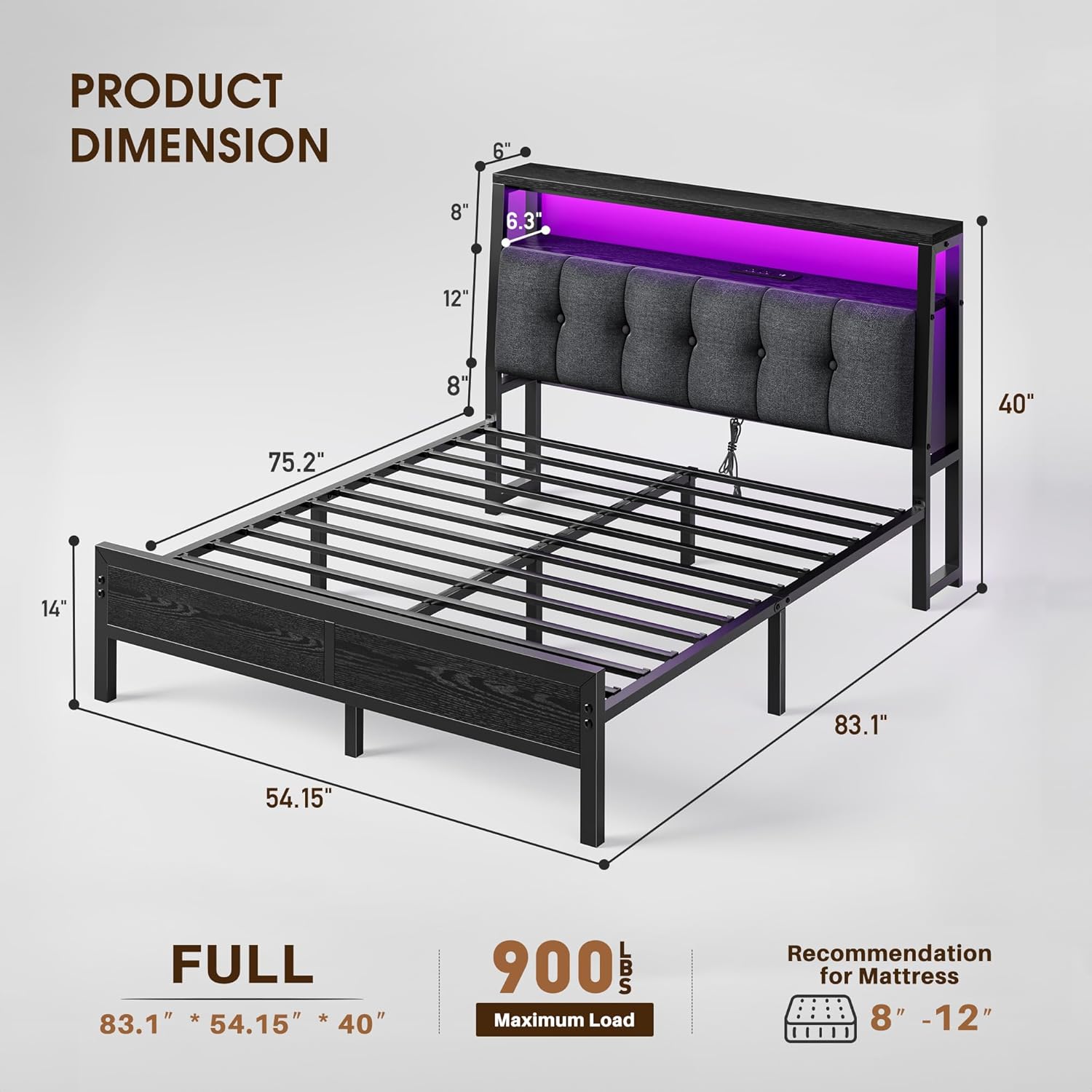 Full Size Bed Frame Smart RGB LED Lights, Grey Upholstered Headboard with Charging Station Type C&2-Tier Storage Shelves,12