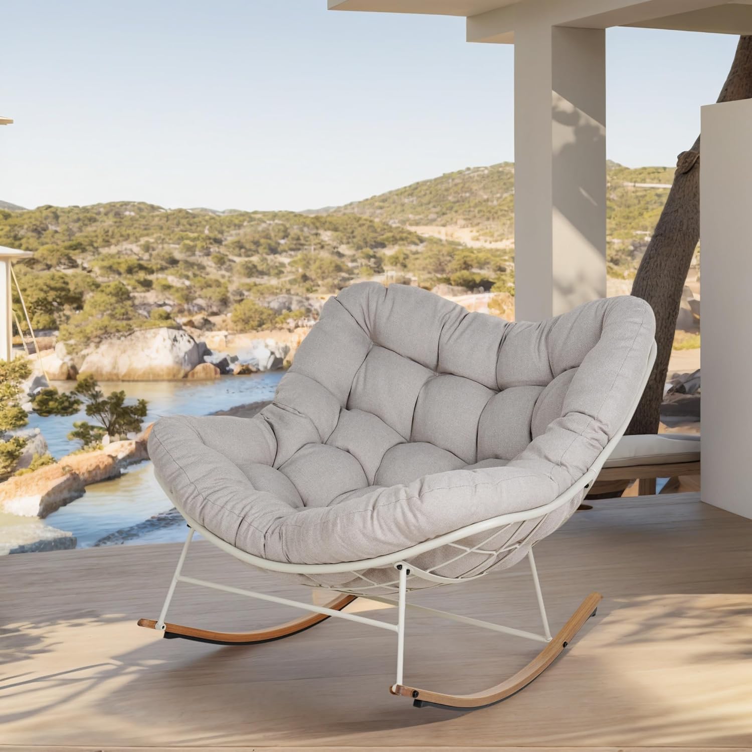 Grand Patio Schaukelstuhl Garten Schwingsessel schaukelsessel Wohnzimmer Relaxstuhl mit gepolsterter, bis 150 kg belastbar für Garten, Schlafzimmer, Wohnzimmer, Ecke, Veranda, Cremeweiß