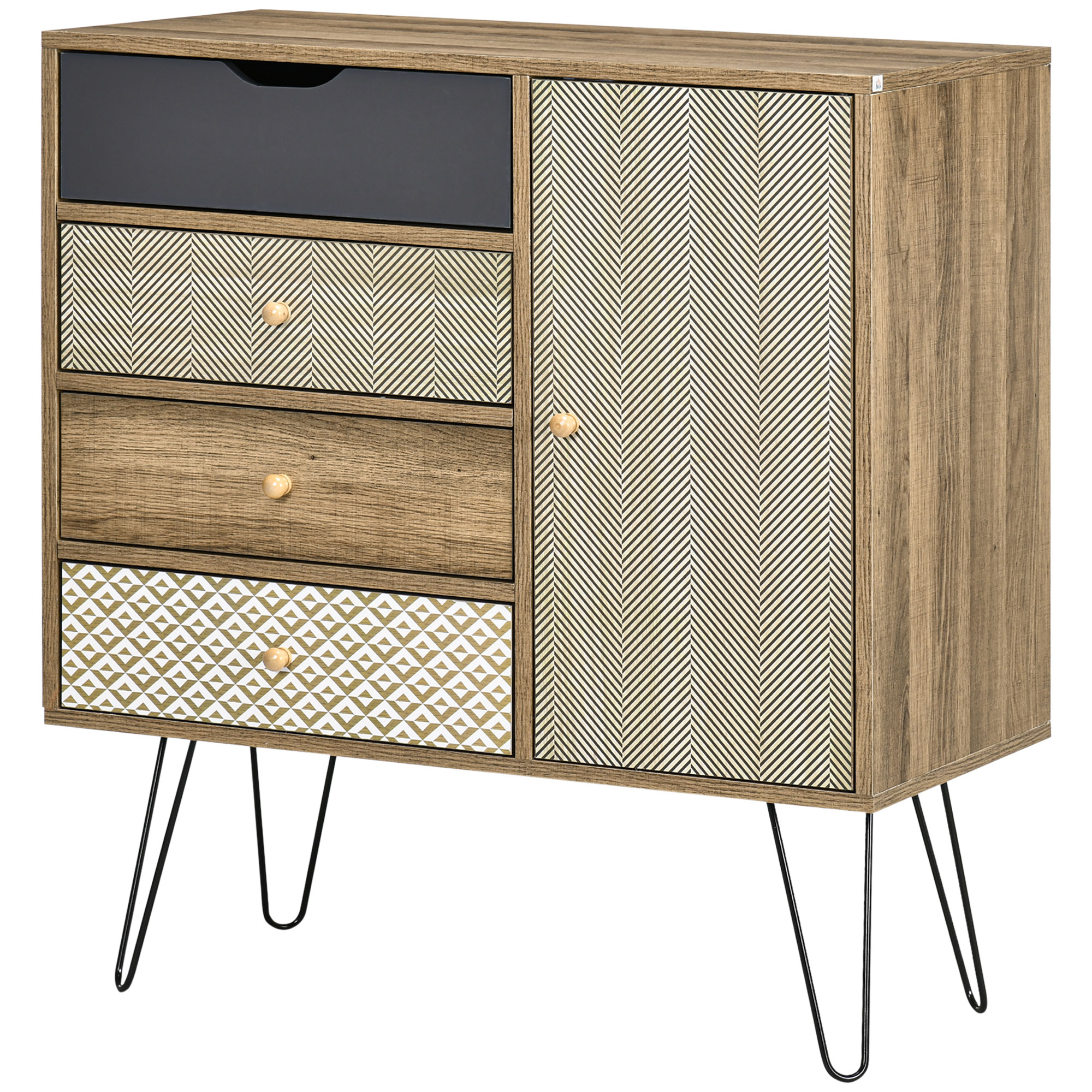 HOMCOM Aufbewahrungskommode Sideboard 4 Schubladen 1 Schrank - Haarnadelbeine Bohème 79 x 39 x 86 cm Braun