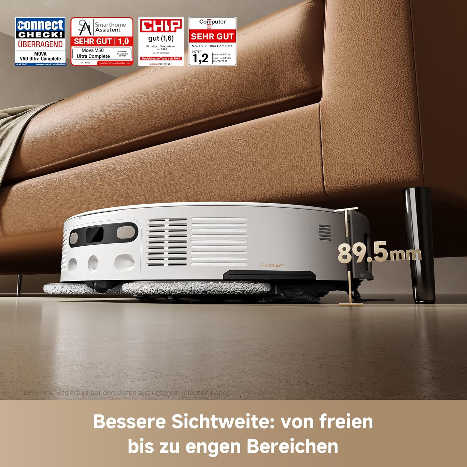 Mova V50 Ultra Complete Saugroboter mit Wischfunktion, Einer Saugkraft von 24.000 Pa, anhebbare Navigation mit 6 cm Hindernisüberwindung und Warmwasser-Wischen mit DuoSolution-System, weiß