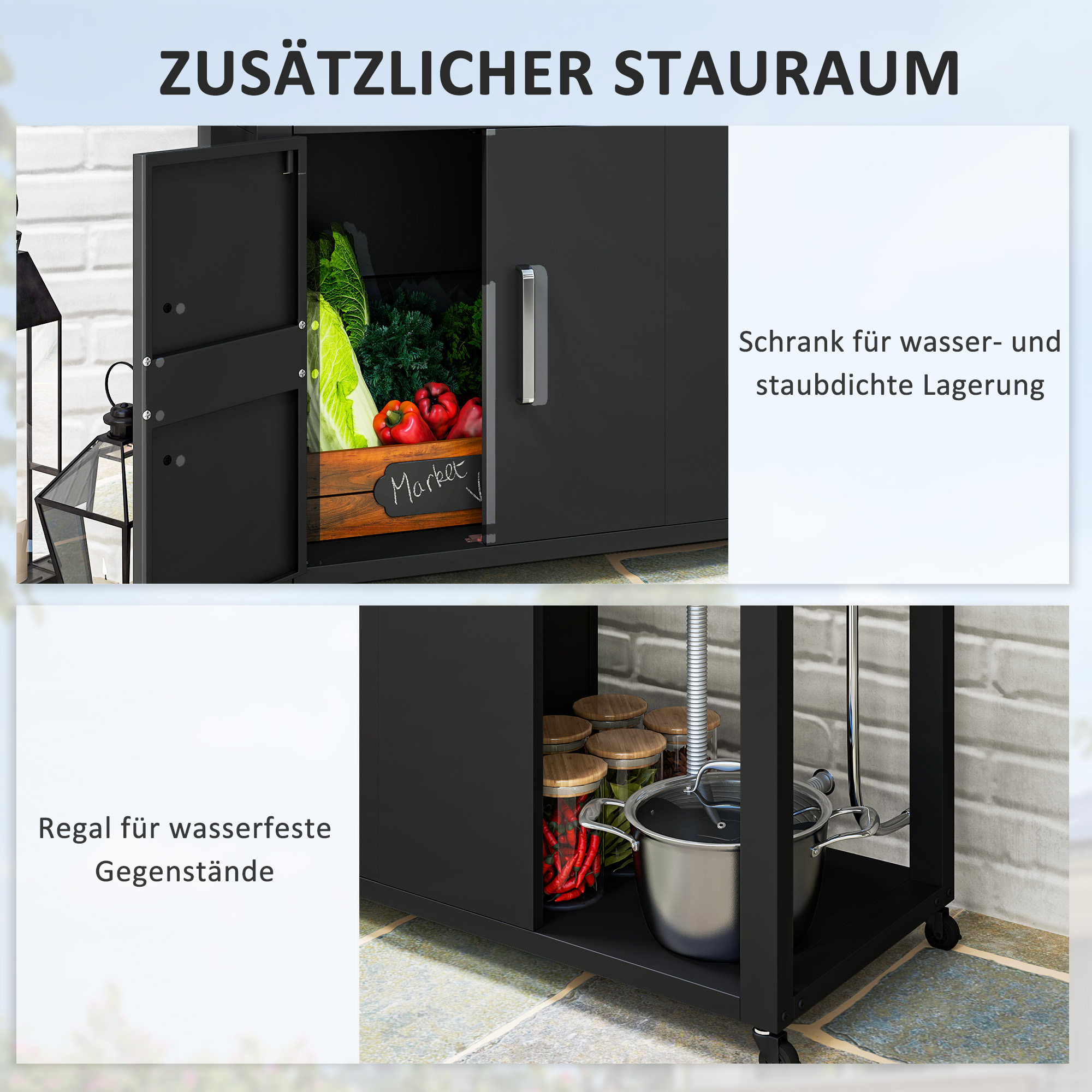 Outsunny Grillwagen Serveerwagen met Werkblad, Uitklapbare Zijplank, Kast, Spoelbak, Wielen, Roestvrij Staal 162,5x47x87cm Zwart