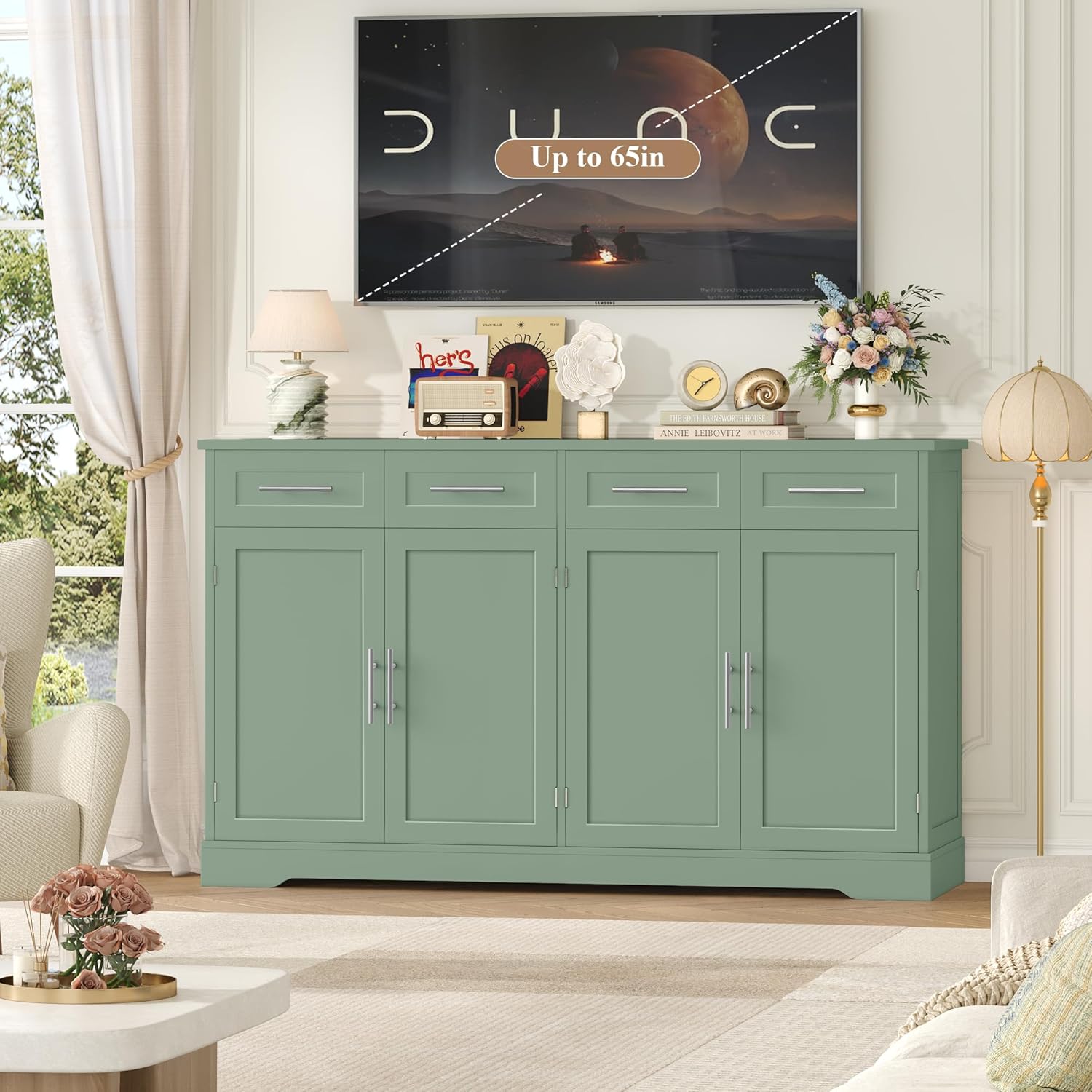 HOCSOK Credenza Cucina, 150 cm Madia Cucina con 4 Cassetti 4 Ante, Credenza Soggiorno con Maniglie in Metallo per Soggiorno, sala da pranzo, Ingresso, Mobile TV, 150×92×40 cm