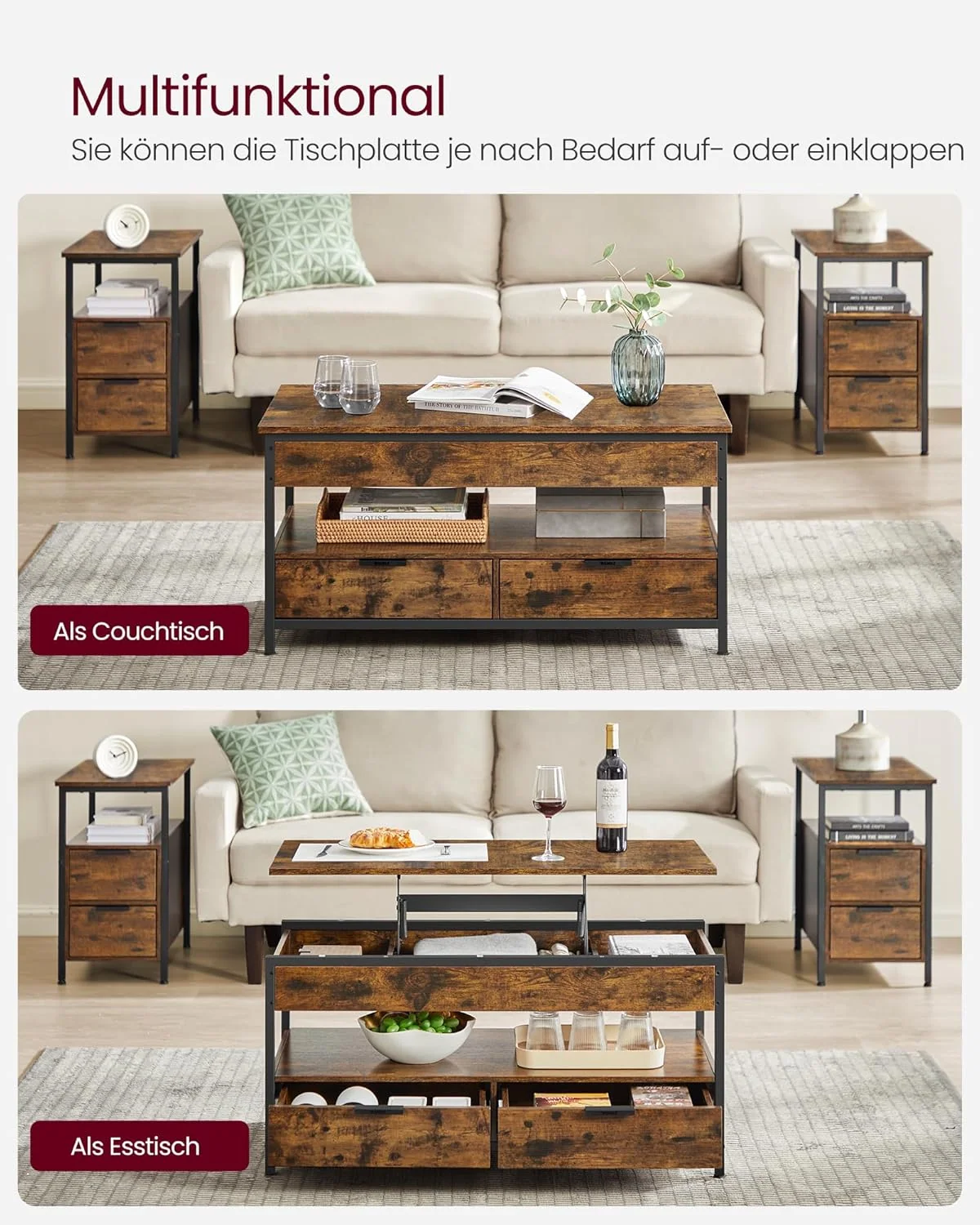 VASAGLE höhenverstellbarer Couchtisch mit Metallgestell im Industrial-Stil