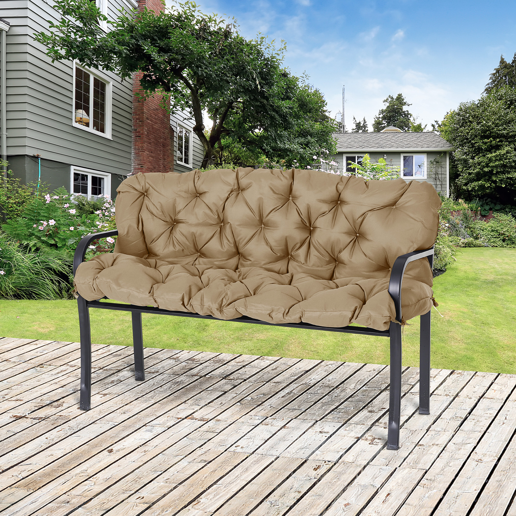 Outsunny 3 Sitzer Bankauflage 150x98x8 cm Bankkissen mit Bändern, Bankpolster für Gartenmöbel Hollywoodschaukel, Khaki