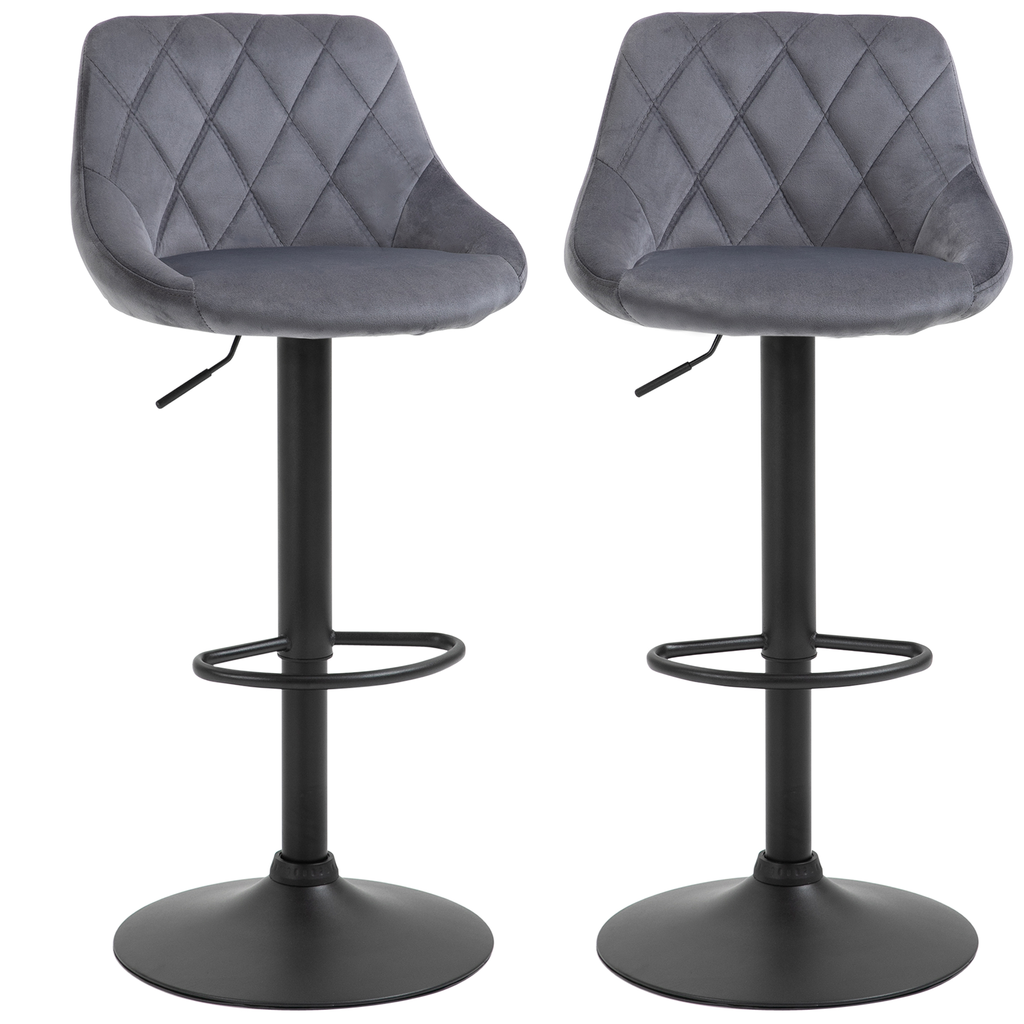 HOMCOM Set 2 Barhocker, Höhenverstellbar mit Metallbasis und Samtsitz, Moderne Hocker mit Rückenlehne und Fußstütze, 46x48x83-104cm, Dunkelgrau und Schwarz
