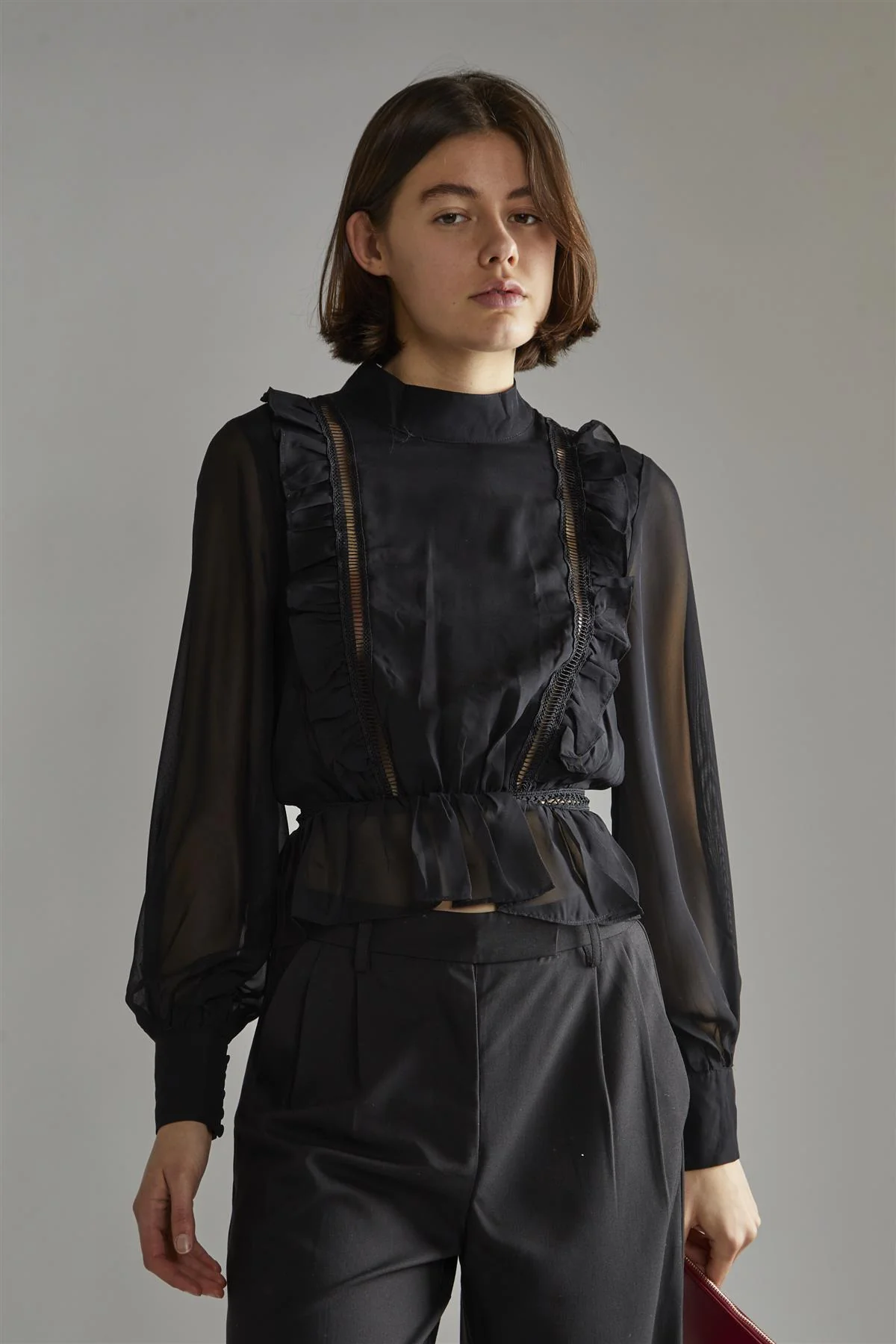 Annika Black Ruffle Detail High Neck Blouse