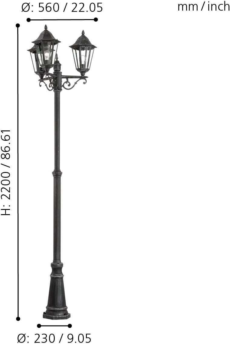 EGLO Außen-Stehlampe Navedo, 3 flammige Außenleuchte, Stehleuchte aus Aluguss und Glas, Farbe: Schwarz, silber-patina, Fassung: E27, H: 220 cm, IP44