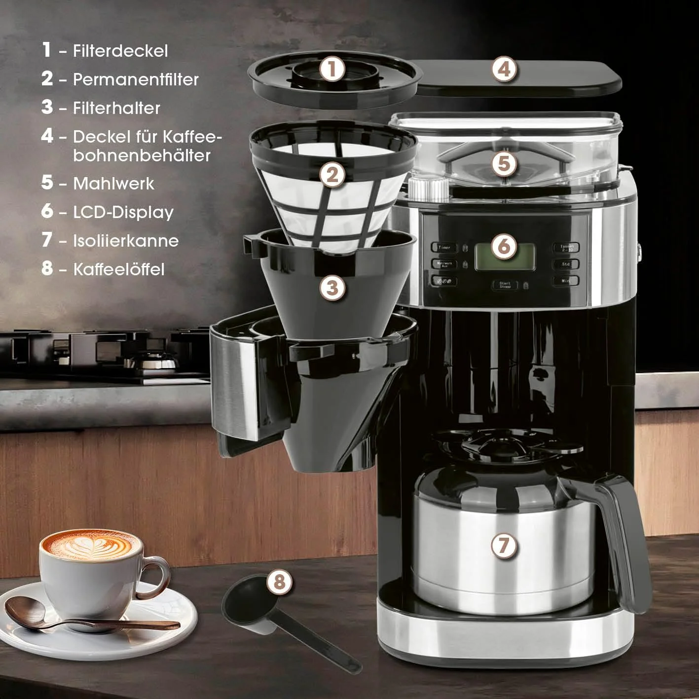 Barista filterkoffiezetapparaat met verstelbare molen & thermoskan | Warmhoudfunctie, 24-uurs timer & permanent filter | Voor 10 koppen koffie | Koffiezetapparaat voor bonen & poeder [roestvrij staal]
