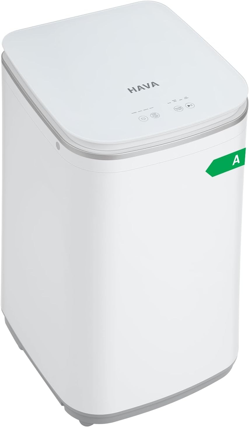 Lavatrice Portatile HAVA, Capacità 3 kg - Mini Lavasciuga Automatica, 8 Programmi, Lavaggio a Caldo, Scarico in Alto e Design Compatto per Piccoli Spazi