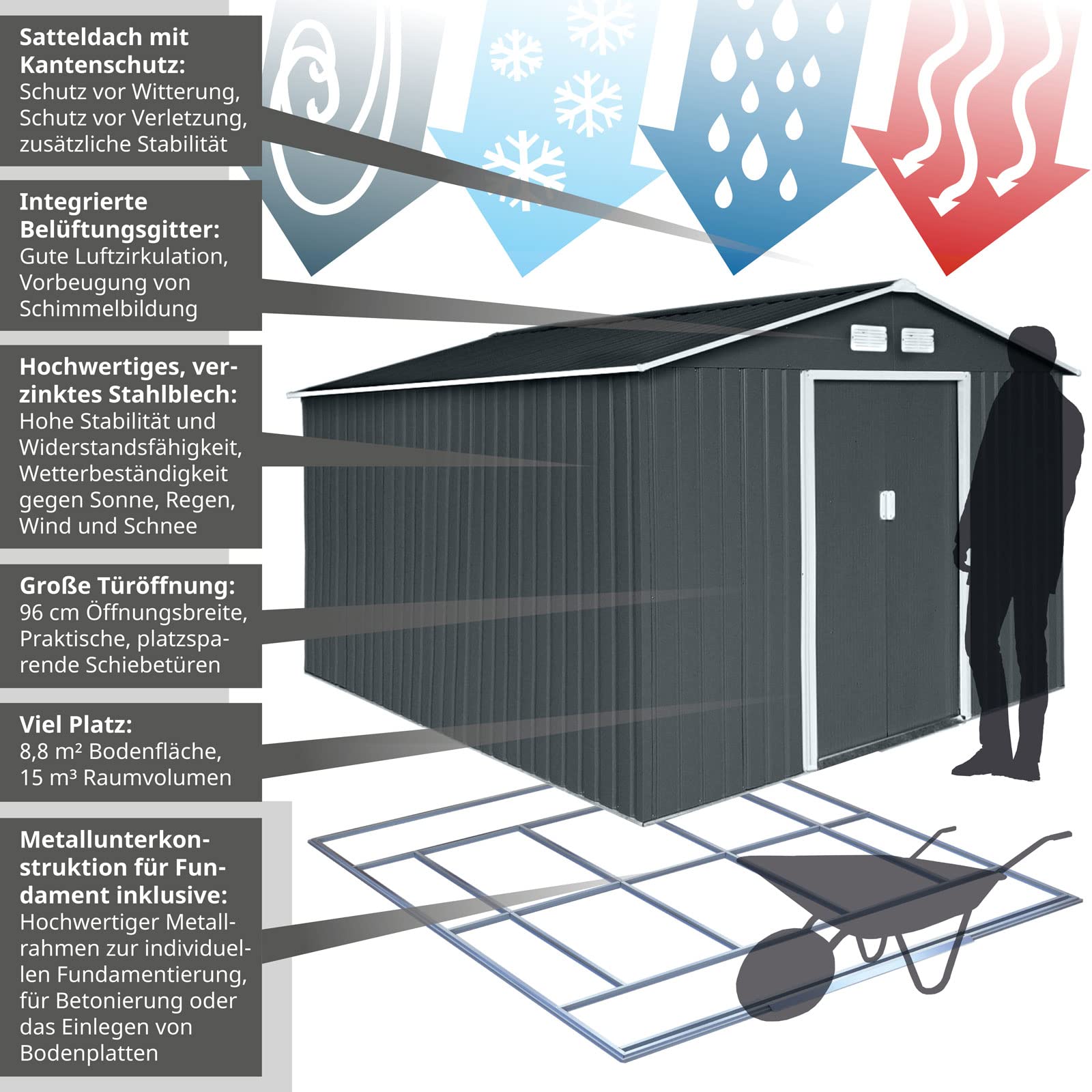 Hattoro S300 Metall Gerätehaus XXXL 277x319x192 cm Gartenhaus Satteldach Anthrazit Dunkelgrau
