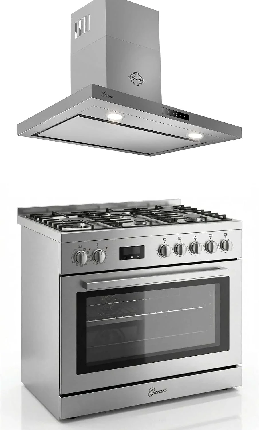 Gurari GCH E 818 X Edelstahl Gas Elektro Standherd 90 cm 126 L Erdgas Fl.Gas 4 Kw WOK, Selbstreinigung + Dunstabzugshaube 90 cm CH 5001, 1000m³/h