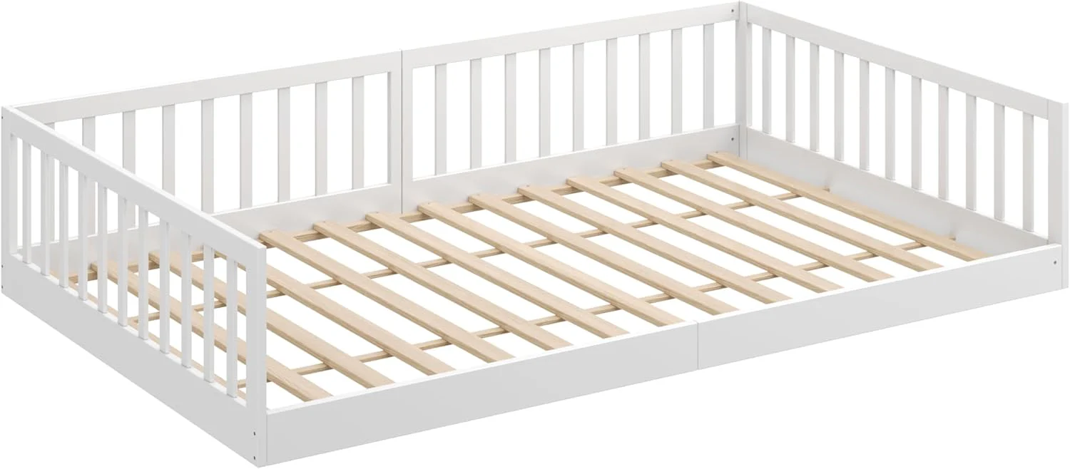 CADANI Timi 2-in-1 Vloerbed 140x200 cm Montessori Kinderbed met uitneembare valbeveiliging incl. lattenbodem, massief grenenhout, wit - 3 opbouwmogelijkheden, belastbaar tot 200 kg, ombouwbaar