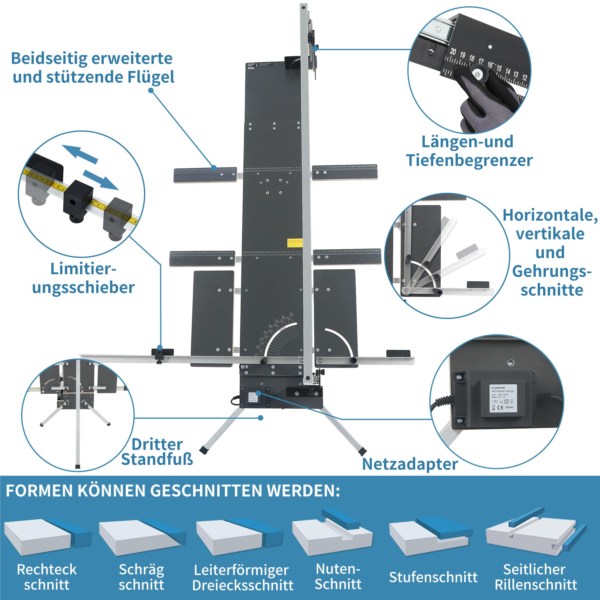 Styroporschneider 200 Watt, 1300 mm freistehend, Komplettset mit 5 Schneidedrähten, Gerüsthalteblech und 2 Federgriffen