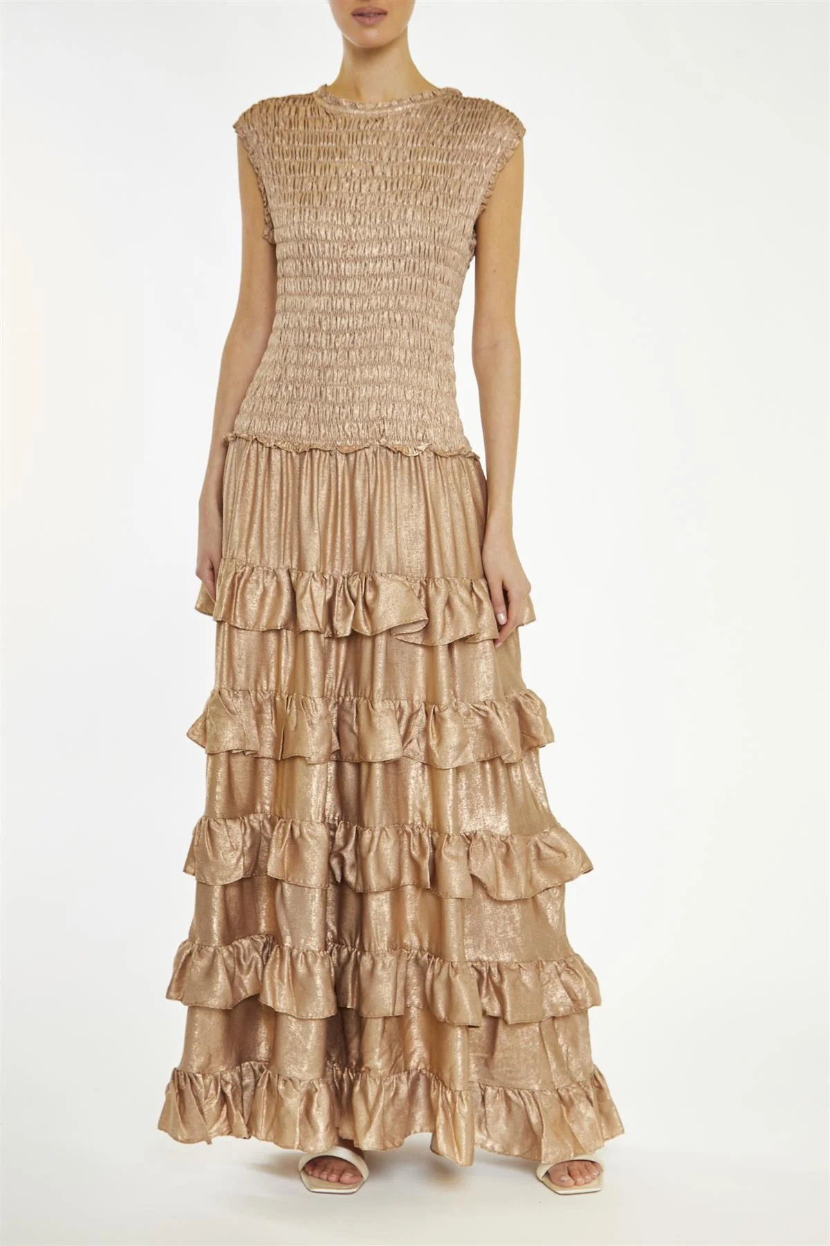 Azaria Dark Metallic-Copper Smocked Dropped-Waist Maxi-Dress