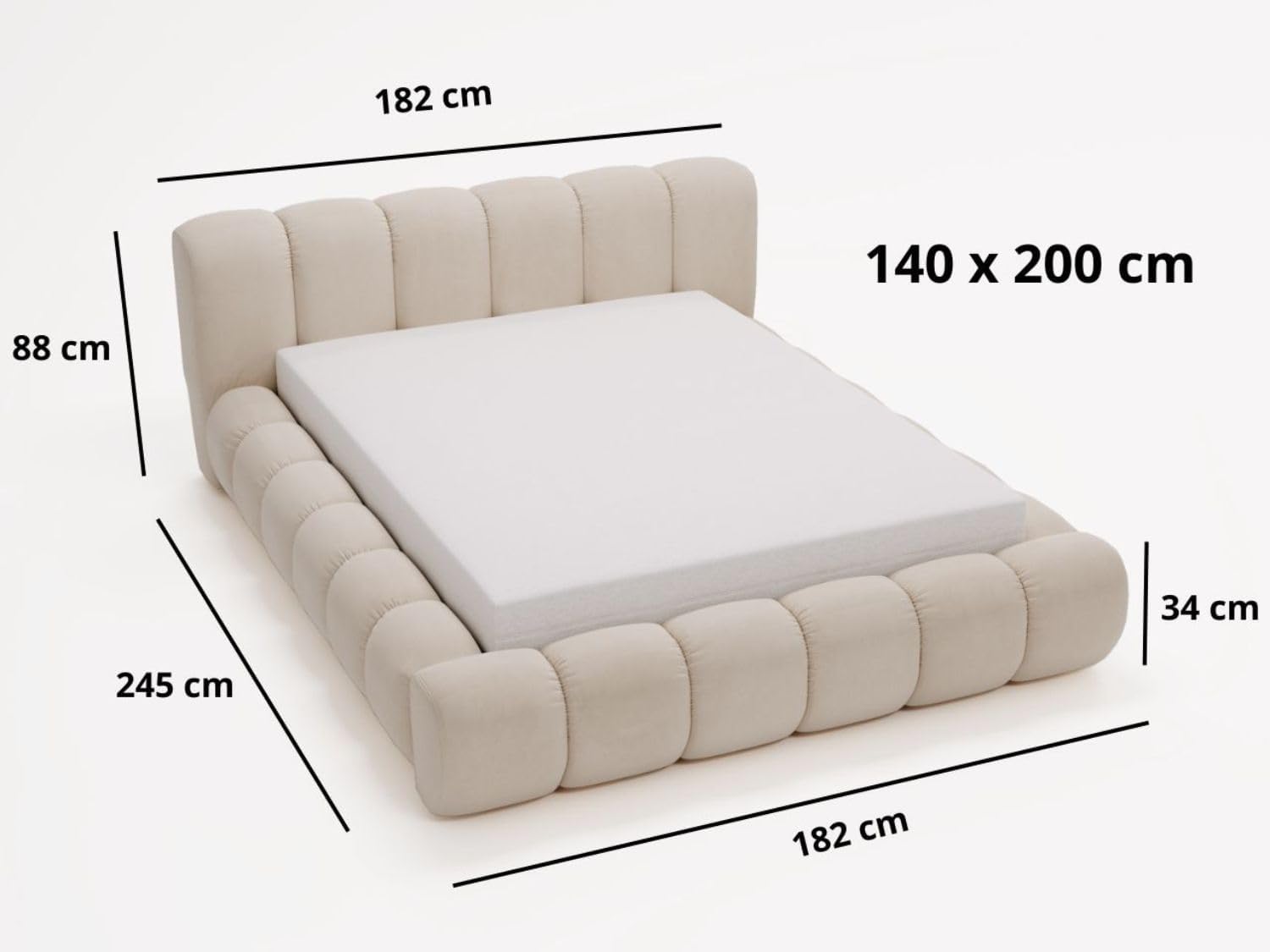 GRAINGOLD Doria Bett 140x200, Polsterbett mit Bettkasten, Polsterbett mit Stauraum, Velour, mit Lattenrost, mit Kopfteil, ohne Matratze (Creme, 140x200)