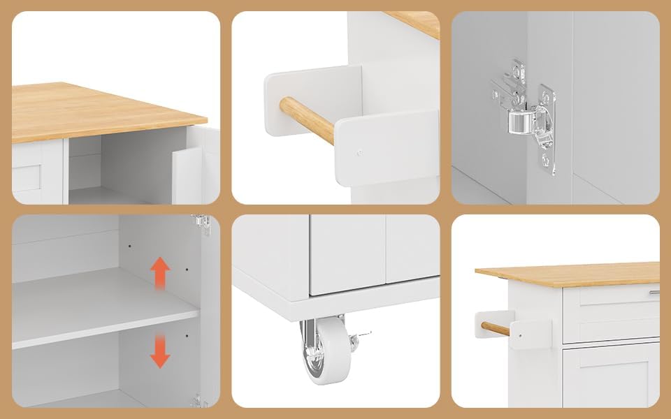 Mobiler Küchentisch, Arbeitsplatte Klappbar, Eiche Maserung, Multifunktionaler Schrank, Gewürzregal, Handtuchhalter, 5 Rollen, Weiß Geeignet für Küche/Essen/Haus