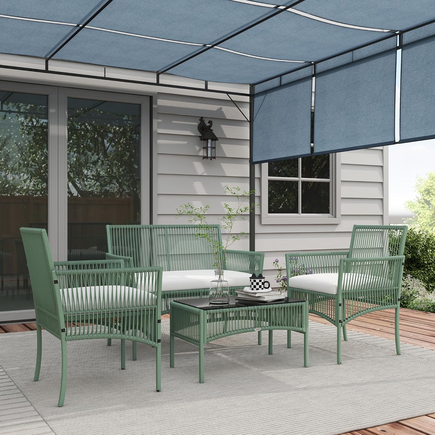 Outsunny Rattan Garden Set 4 Pieces Outdoor Set with 2 Outdoor Armchairs, Garden Sofa and Garden Table, Green and Black