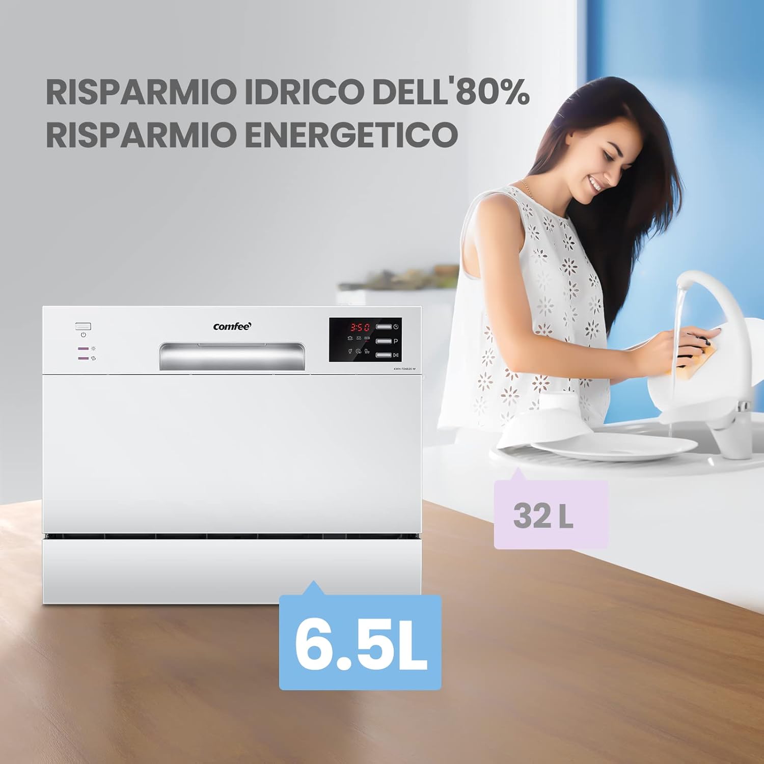 Lavastoviglie compatta da tavolo TD602E-W Mini lavastoviglie con 6 coperti, 6 programmi, display a LED, avvio ritardato e funzione di lavaggio nelle Ore non di Punta - Bianco
