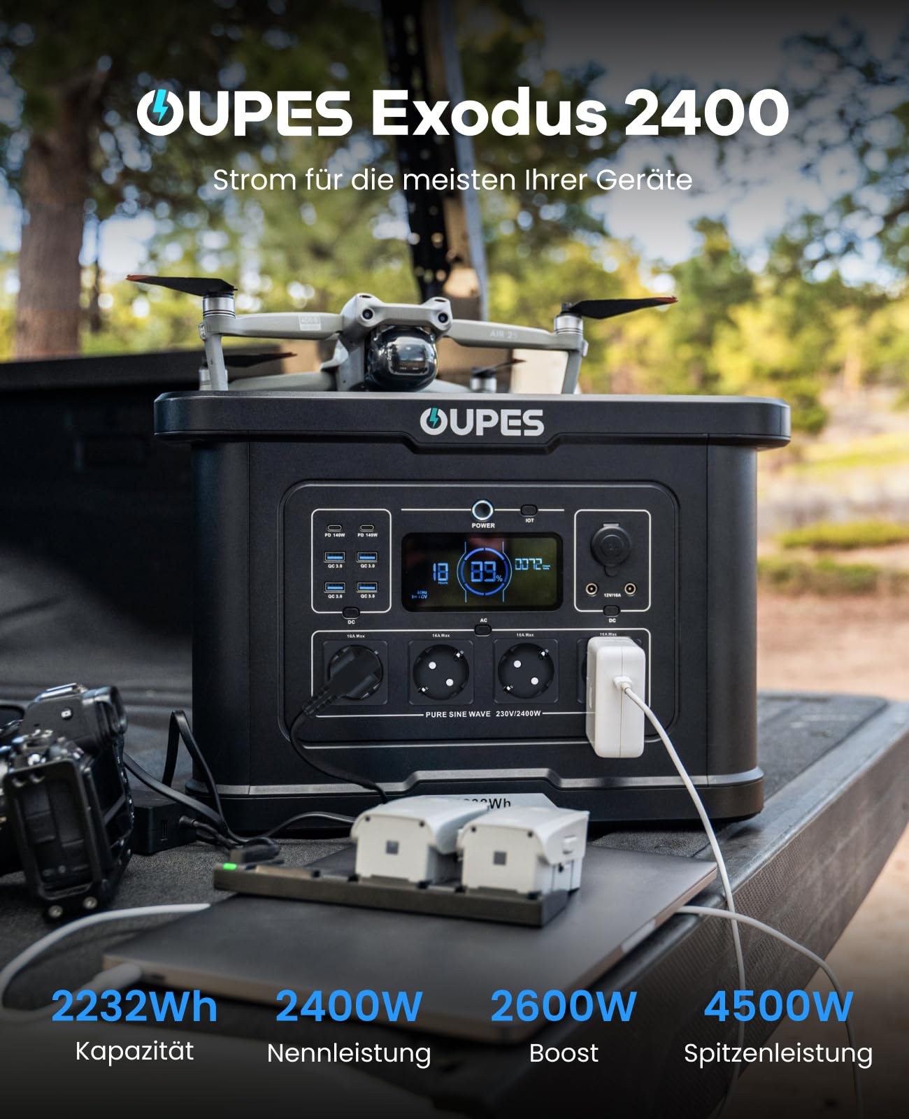 Tragbare Powerstation Exodus 2400 mit 2048Wh LiFePO4-Akku und 2400W Leistung, 230V