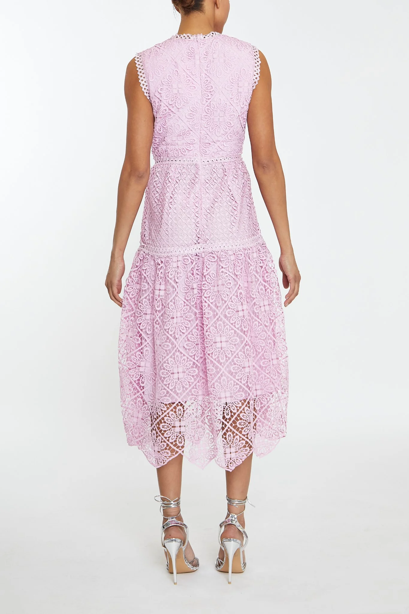 Natalia Candy-Pink Mixed Lace Peplum Midi-Dress