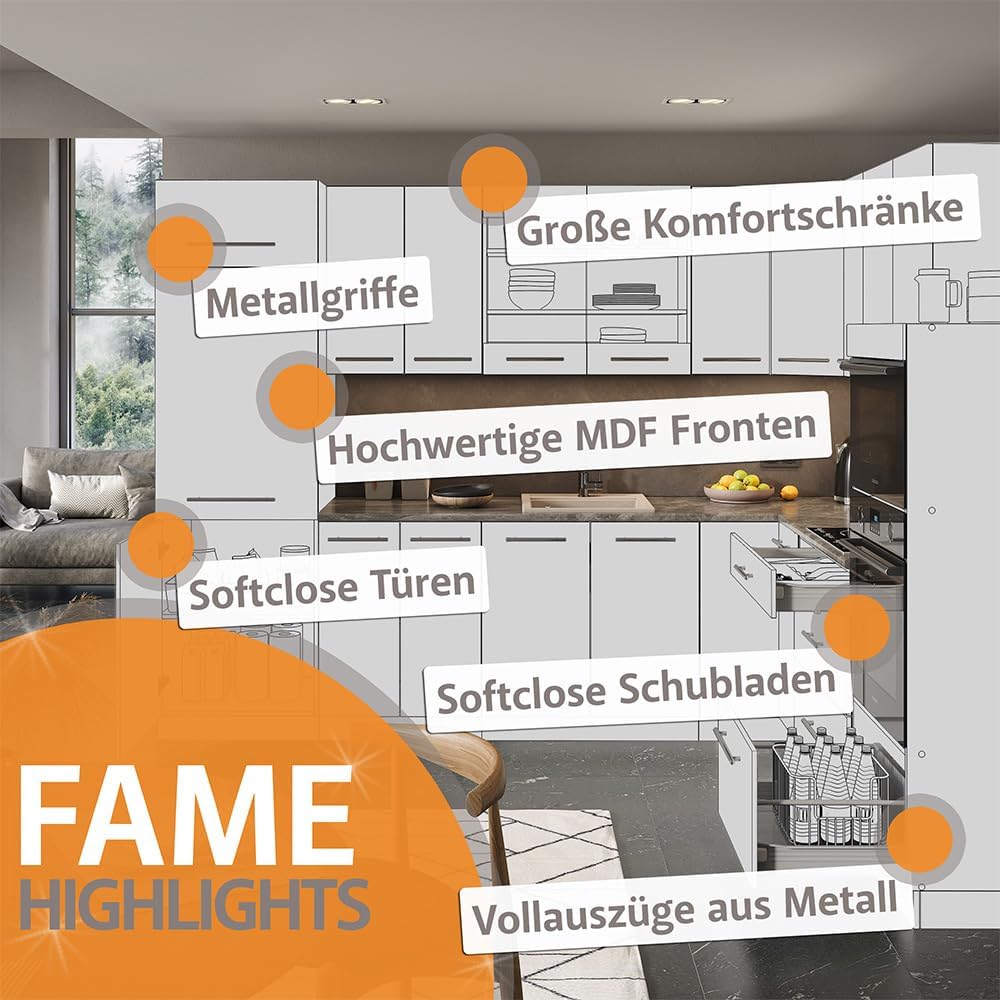 Vicco Küchenzeile Fame-Line, Grün-Gold Landhaus/Goldkraft Eiche, 300 cm mit Hochschrank, ohne Arbeitsplatte