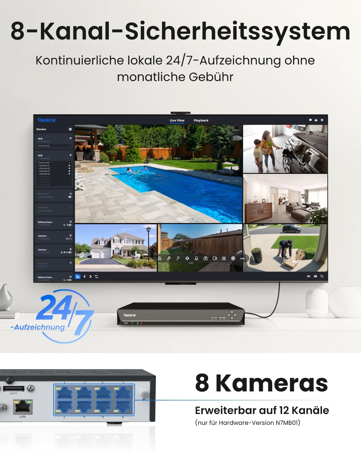 4K PoE NVR Überwachungsrekorder RLN8-410 mit 8 Kanälen und 8 PoE-Ports, ohne Festplatte